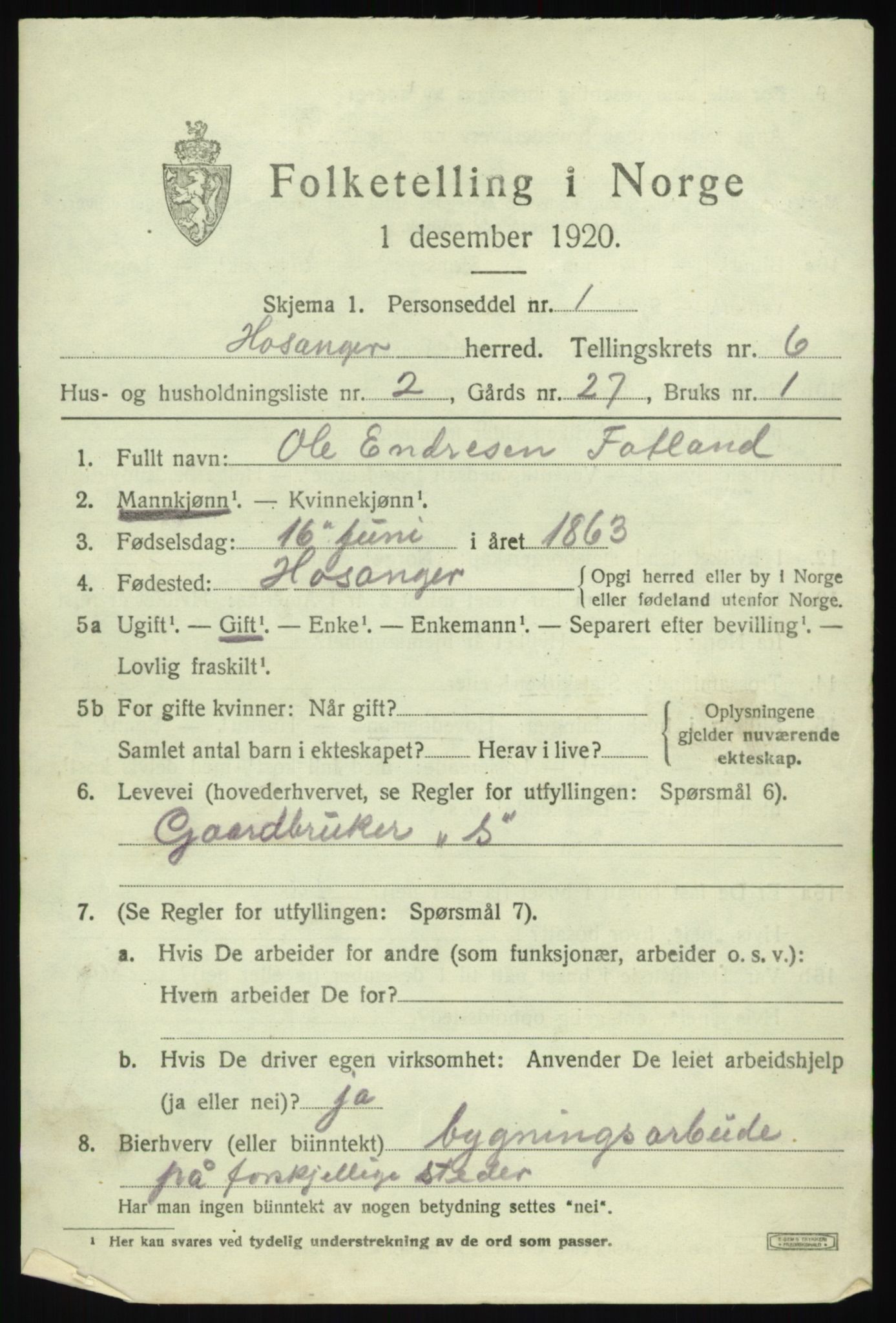 SAB, 1920 census for Hosanger, 1920, p. 2583