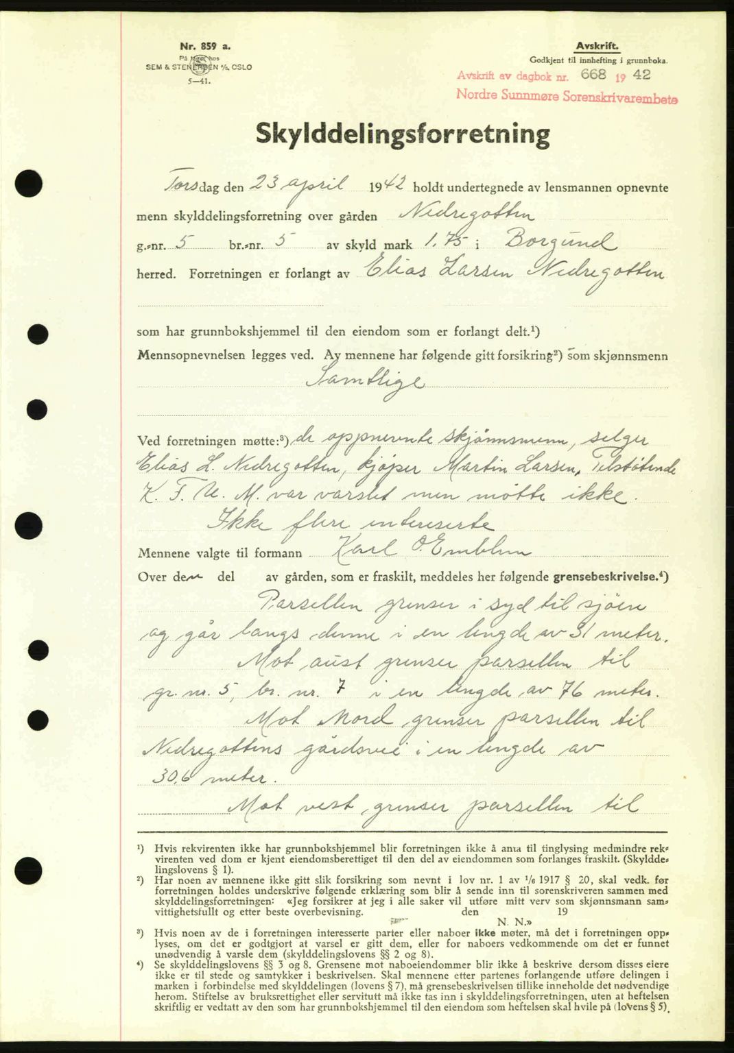 Nordre Sunnmøre sorenskriveri, AV/SAT-A-0006/1/2/2C/2Ca: Mortgage book no. A13, 1942-1942, Diary no: : 668/1942