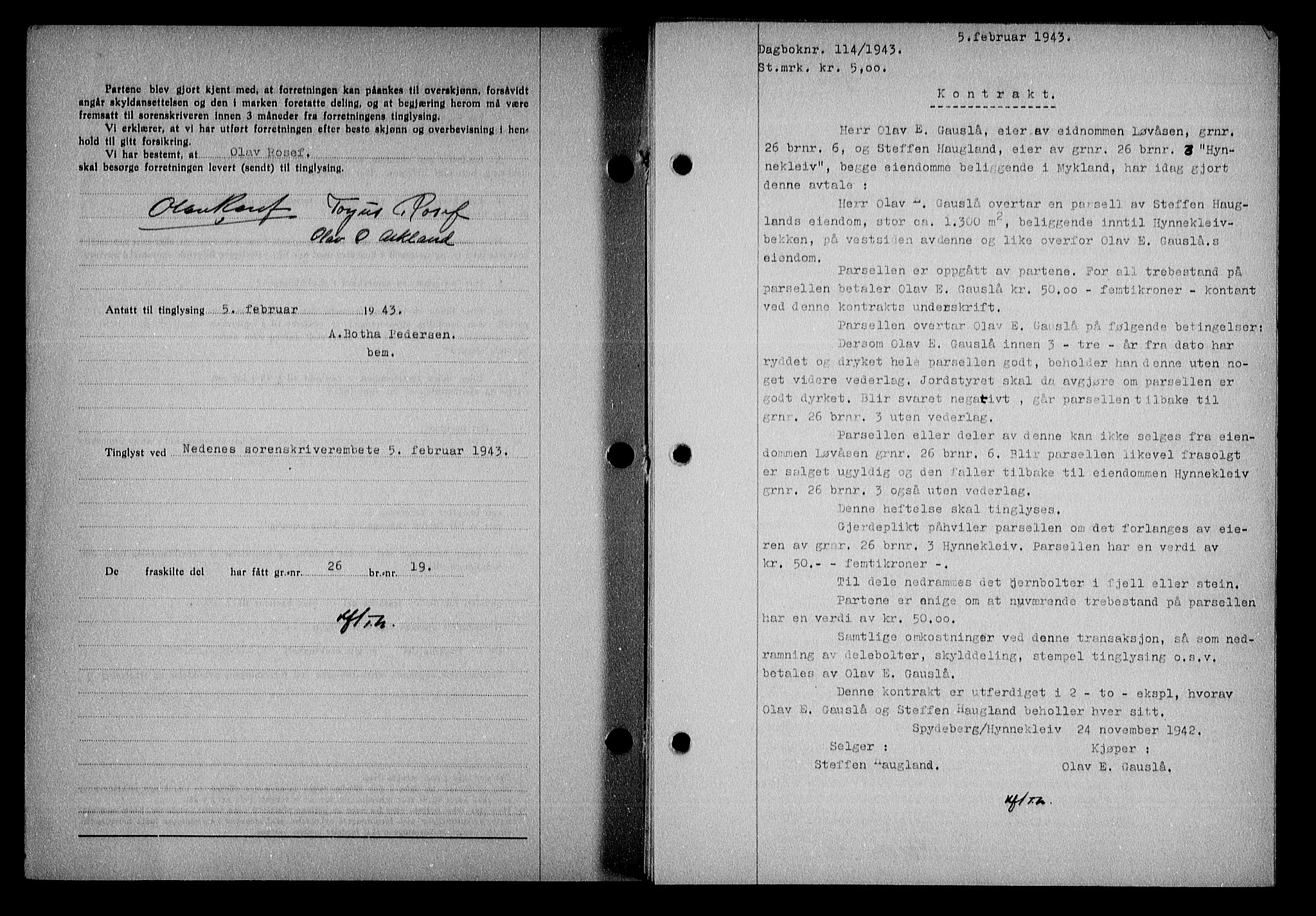 Nedenes sorenskriveri, SAK/1221-0006/G/Gb/Gba/L0050: Mortgage book no. A-IV, 1942-1943, Diary no: : 114/1943