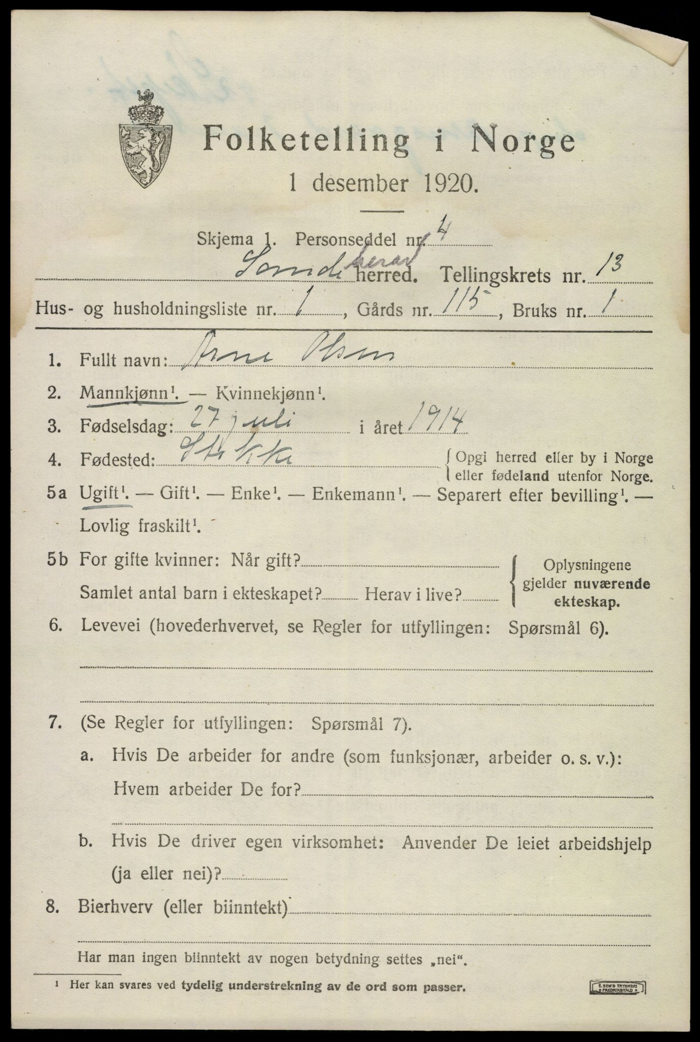 SAKO, 1920 census for Sandeherred, 1920, p. 19104