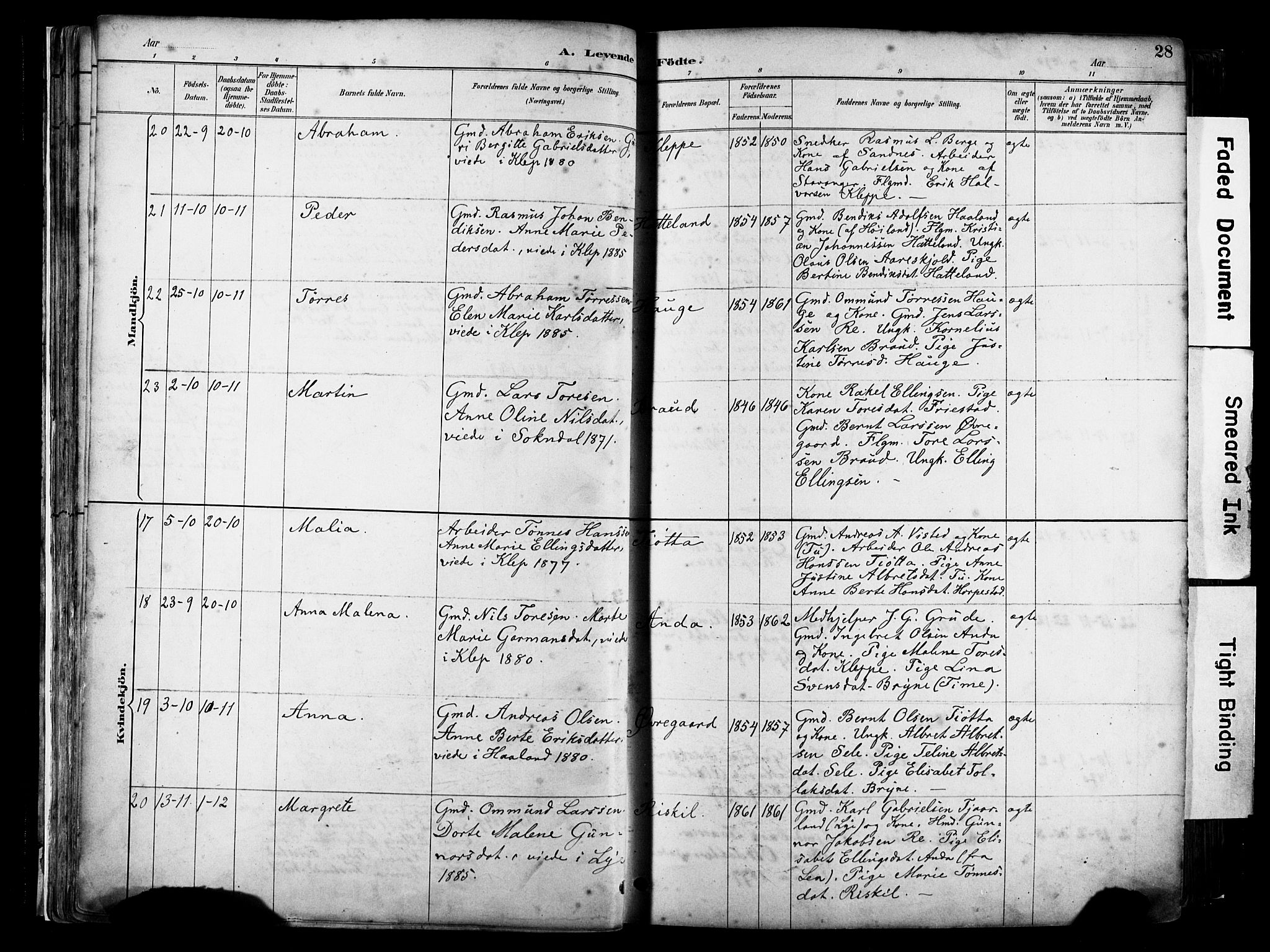 Klepp sokneprestkontor, SAST/A-101803/001/3/30BA/L0009: Parish register (official) no. A 7, 1886-1915, p. 28