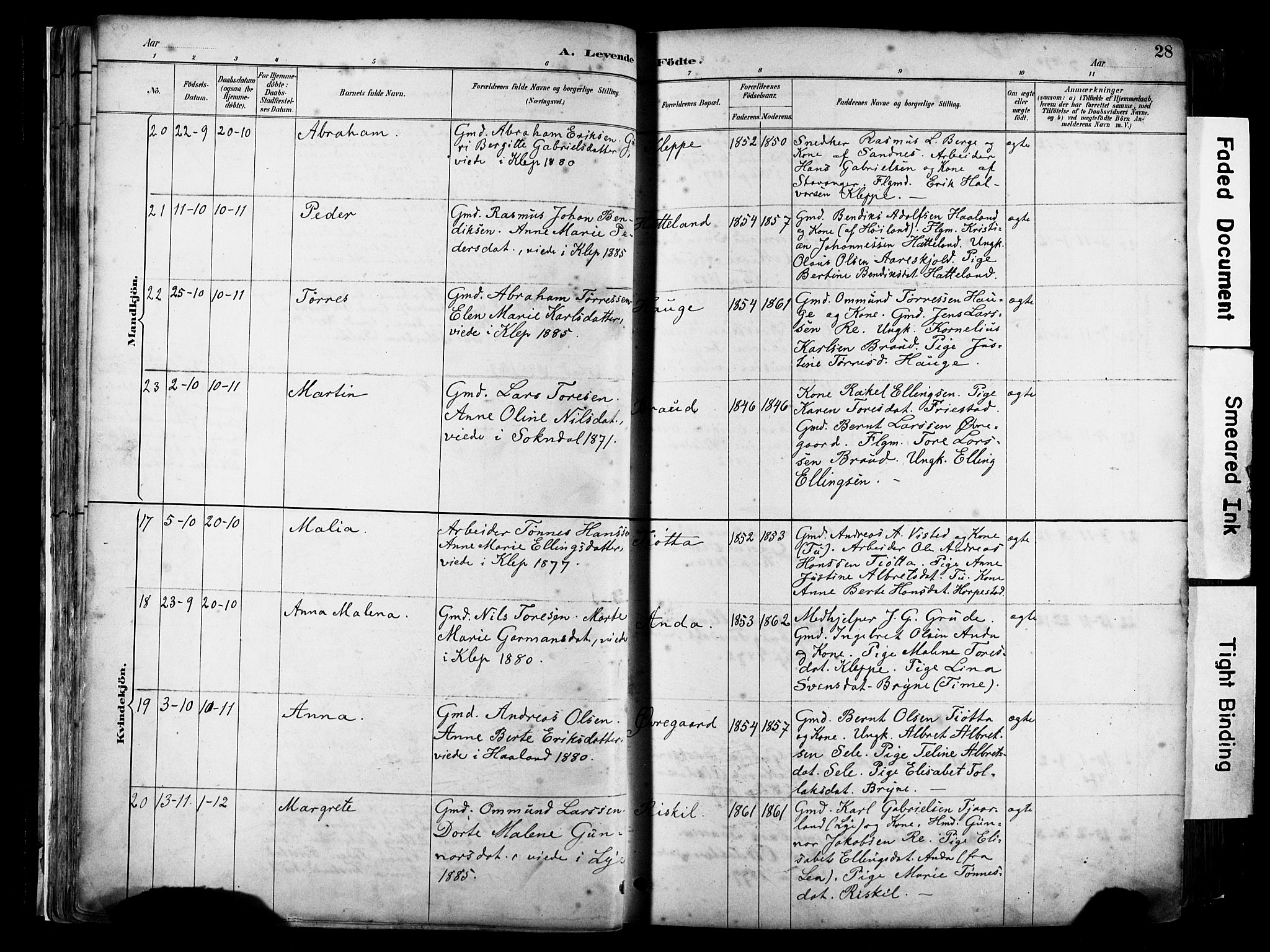 Klepp sokneprestkontor, AV/SAST-A-101803/001/3/30BA/L0009: Parish register (official) no. A 7, 1886-1915, p. 28
