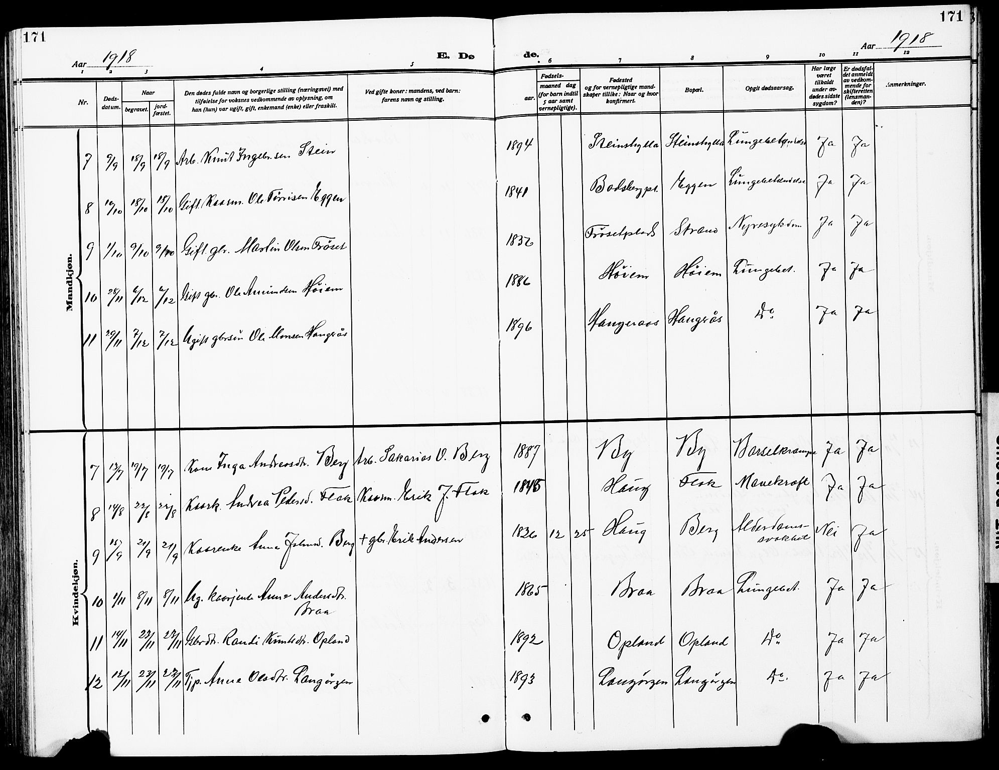 Ministerialprotokoller, klokkerbøker og fødselsregistre - Sør-Trøndelag, SAT/A-1456/612/L0388: Parish register (copy) no. 612C04, 1909-1929, p. 171