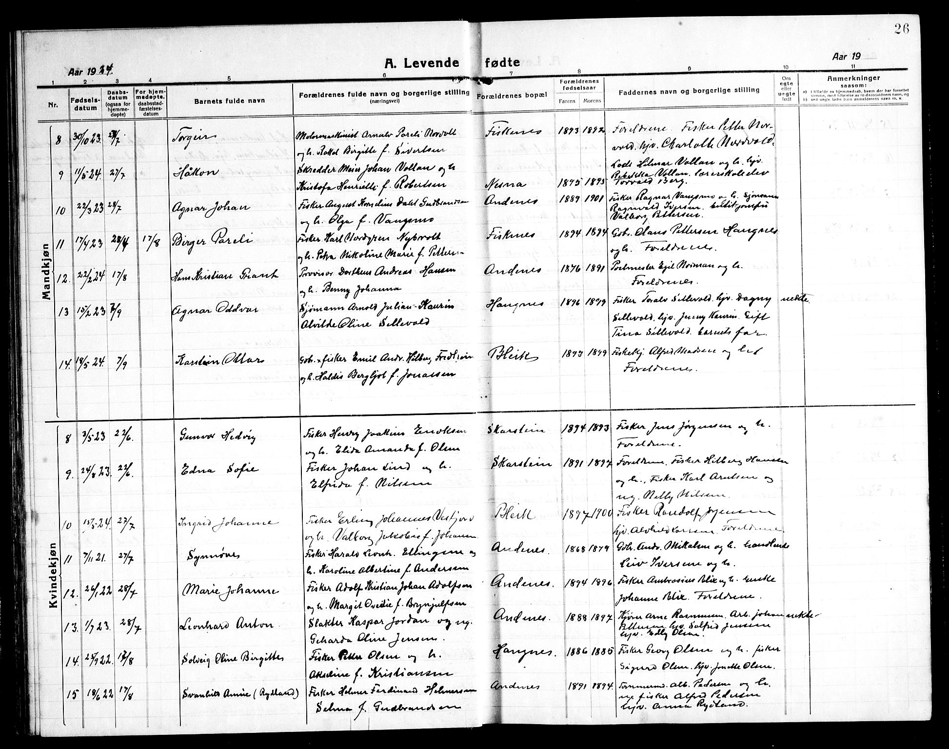 Ministerialprotokoller, klokkerbøker og fødselsregistre - Nordland, AV/SAT-A-1459/899/L1450: Parish register (copy) no. 899C05, 1918-1945, p. 26