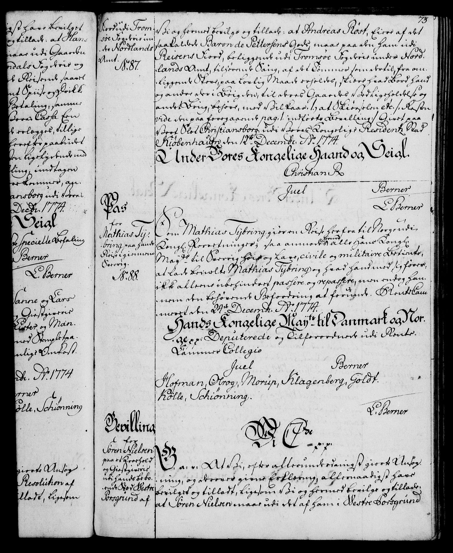 Rentekammeret, Kammerkanselliet, RA/EA-3111/G/Gg/Gga/L0010: Norsk ekspedisjonsprotokoll med register (merket RK 53.10), 1773-1778, p. 73