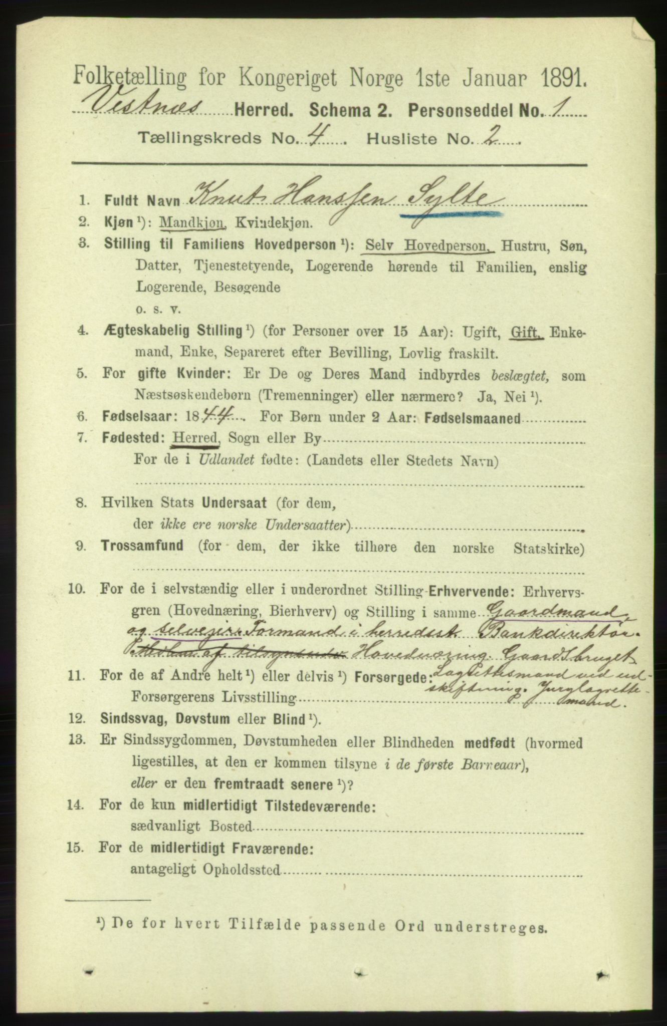 RA, 1891 census for 1535 Vestnes, 1891, p. 1306