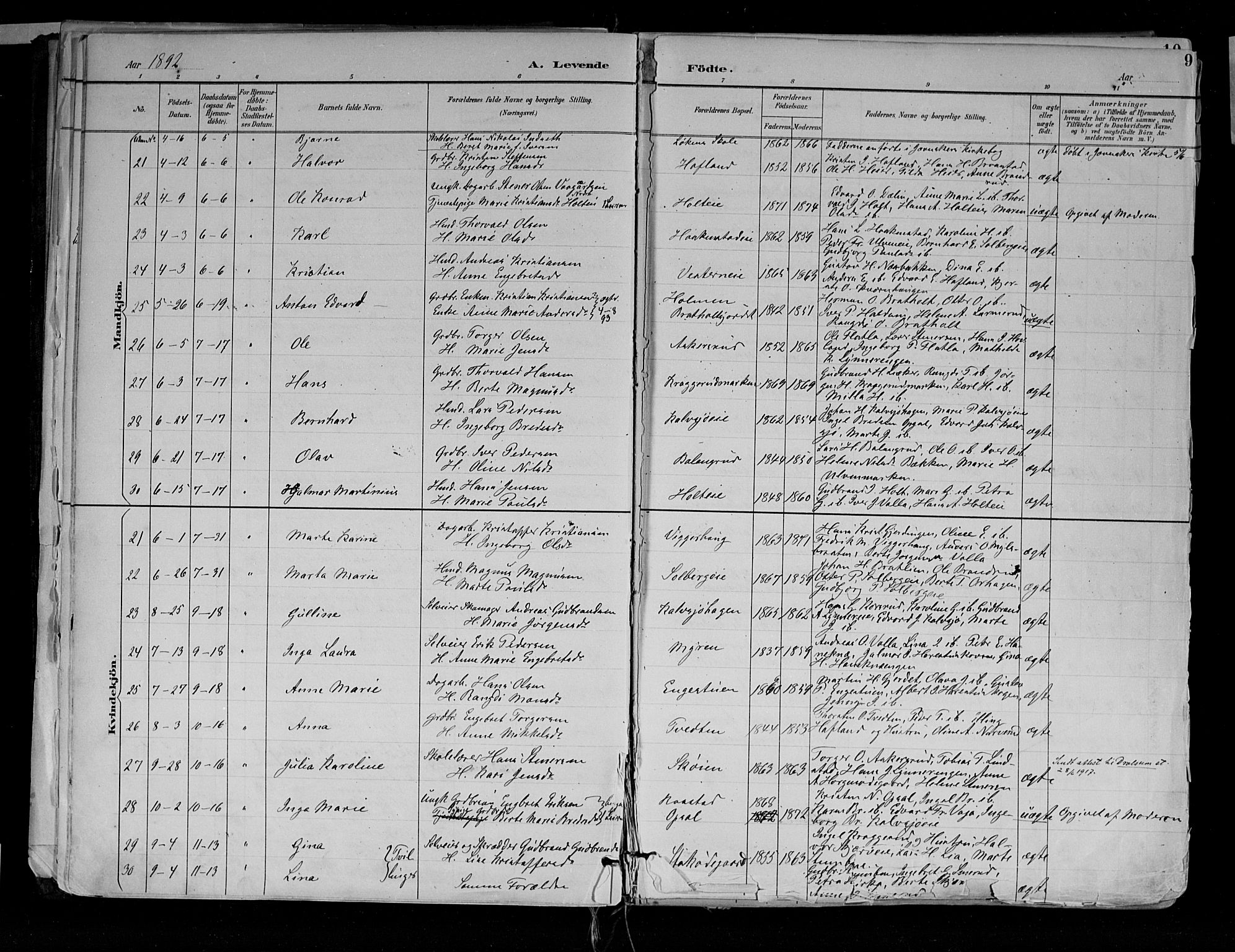 Jevnaker prestekontor, AV/SAH-PREST-116/H/Ha/Haa/L0010: Parish register (official) no. 10, 1891-1906, p. 9