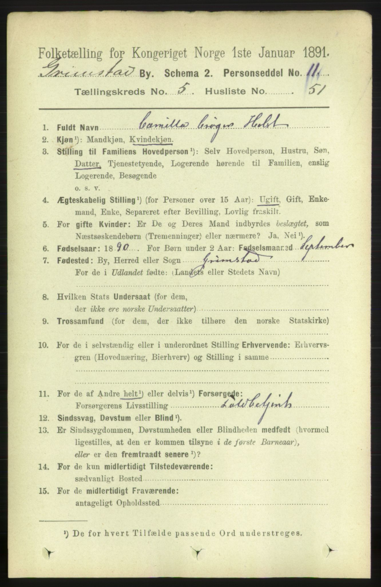 RA, 1891 census for 0904 Grimstad, 1891, p. 3452