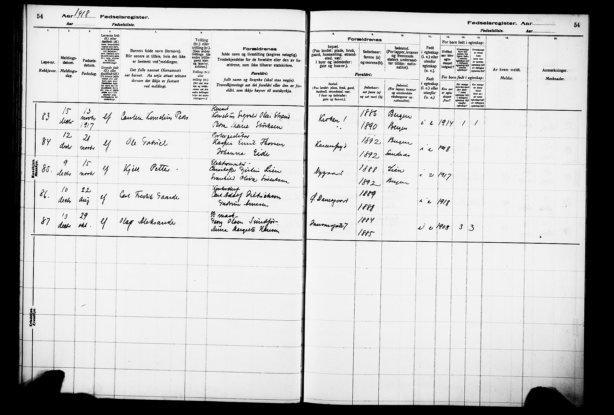 Laksevåg Sokneprestembete, AV/SAB-A-76501/I/Id/L00A1: Birth register no. A 1, 1916-1926, p. 54