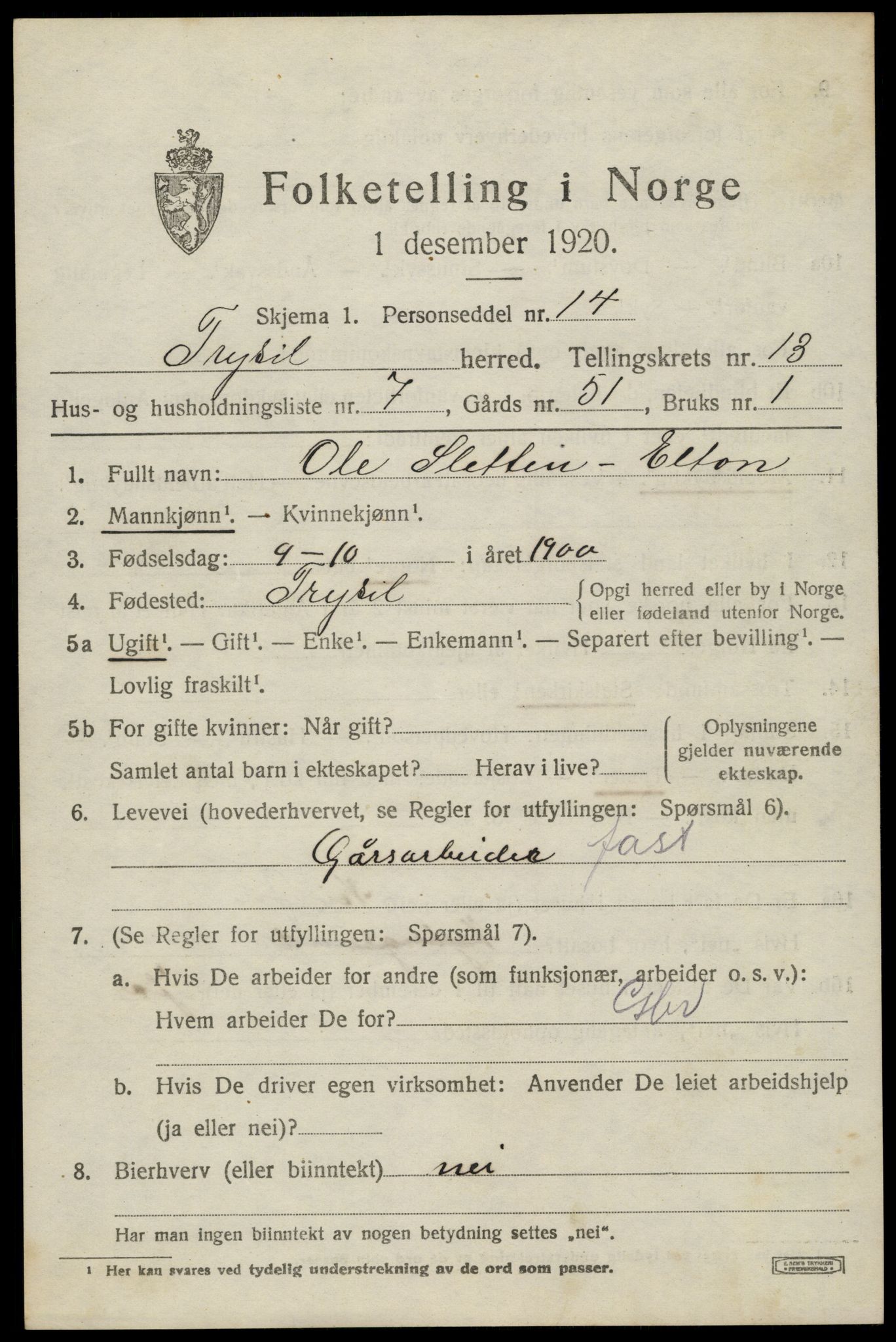 SAH, 1920 census for Trysil, 1920, p. 7719