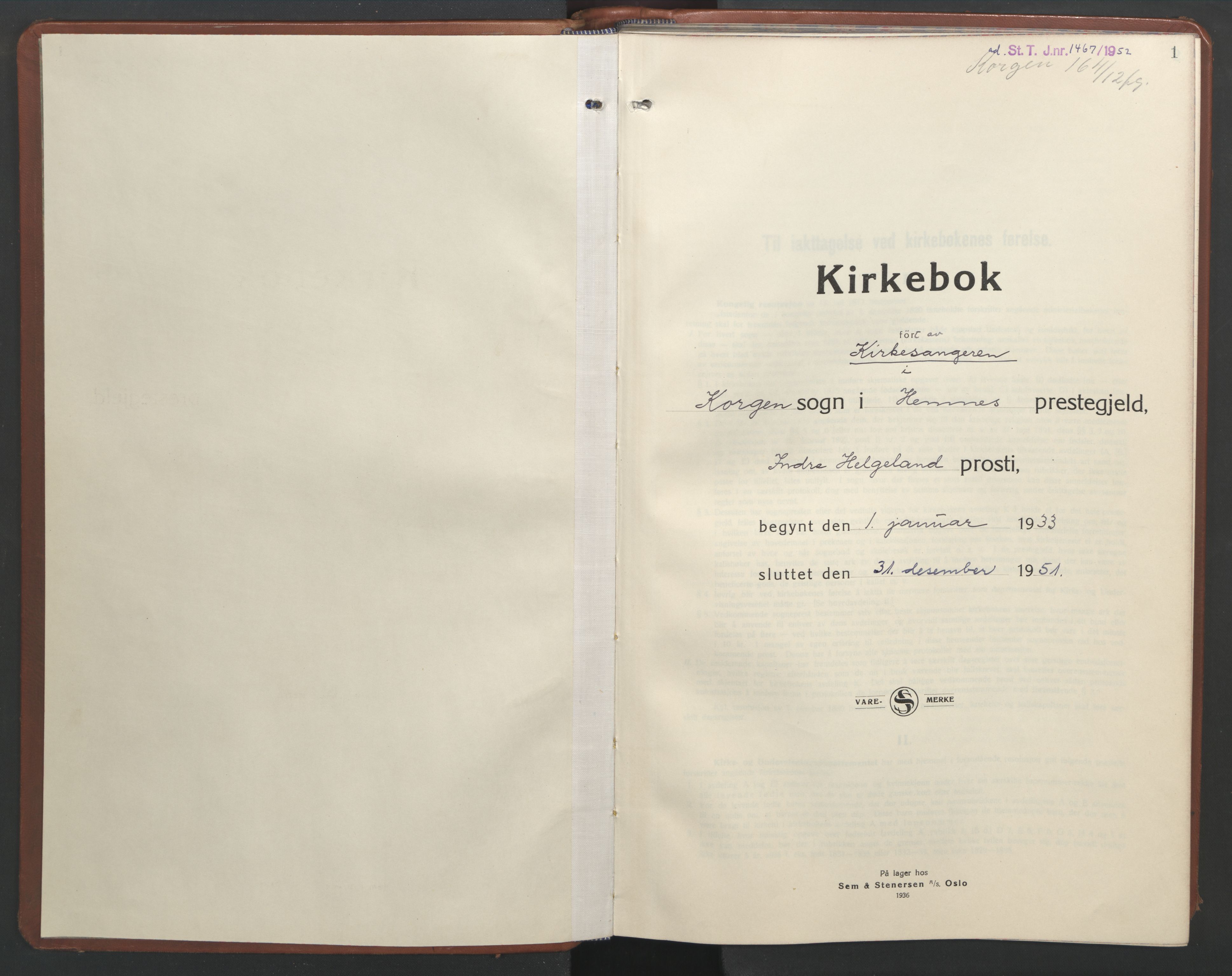 Ministerialprotokoller, klokkerbøker og fødselsregistre - Nordland, AV/SAT-A-1459/826/L0385: Parish register (copy) no. 826C05, 1933-1951, p. 1