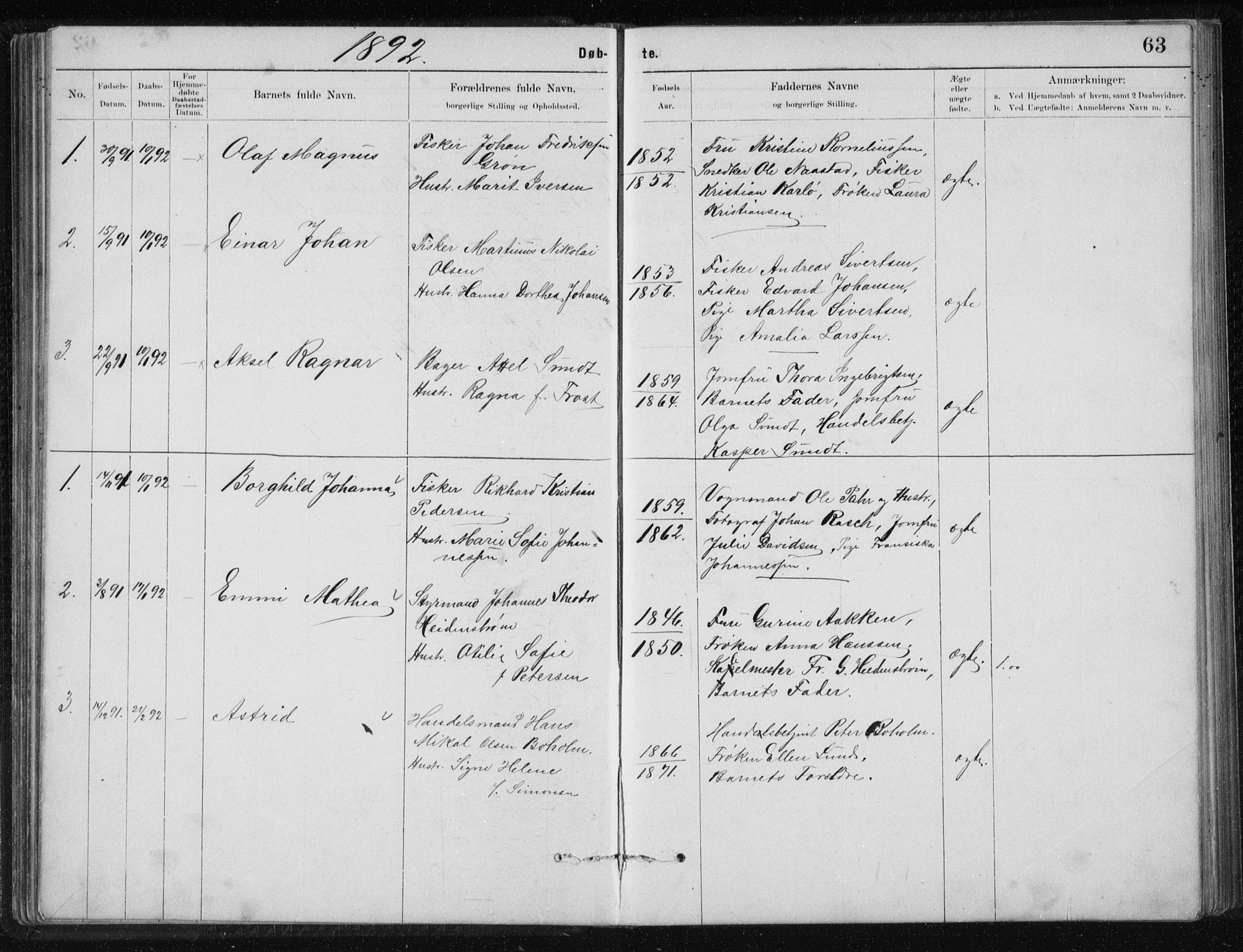 Ministerialprotokoller, klokkerbøker og fødselsregistre - Nordland, AV/SAT-A-1459/801/L0032: Parish register (copy) no. 801C07, 1889-1897, p. 63