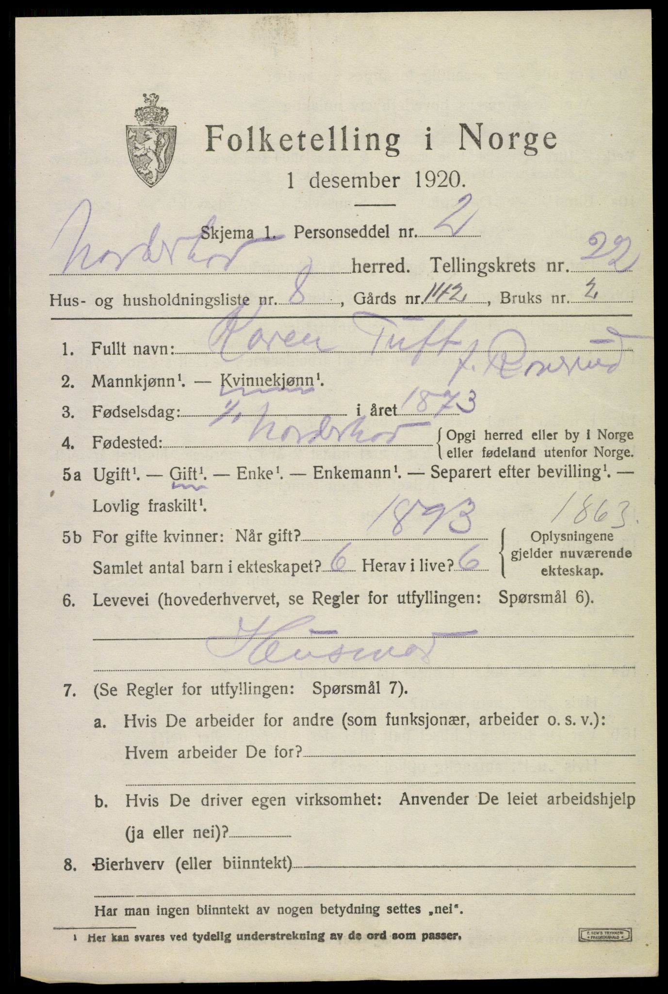 SAKO, 1920 census for Norderhov, 1920, p. 22492