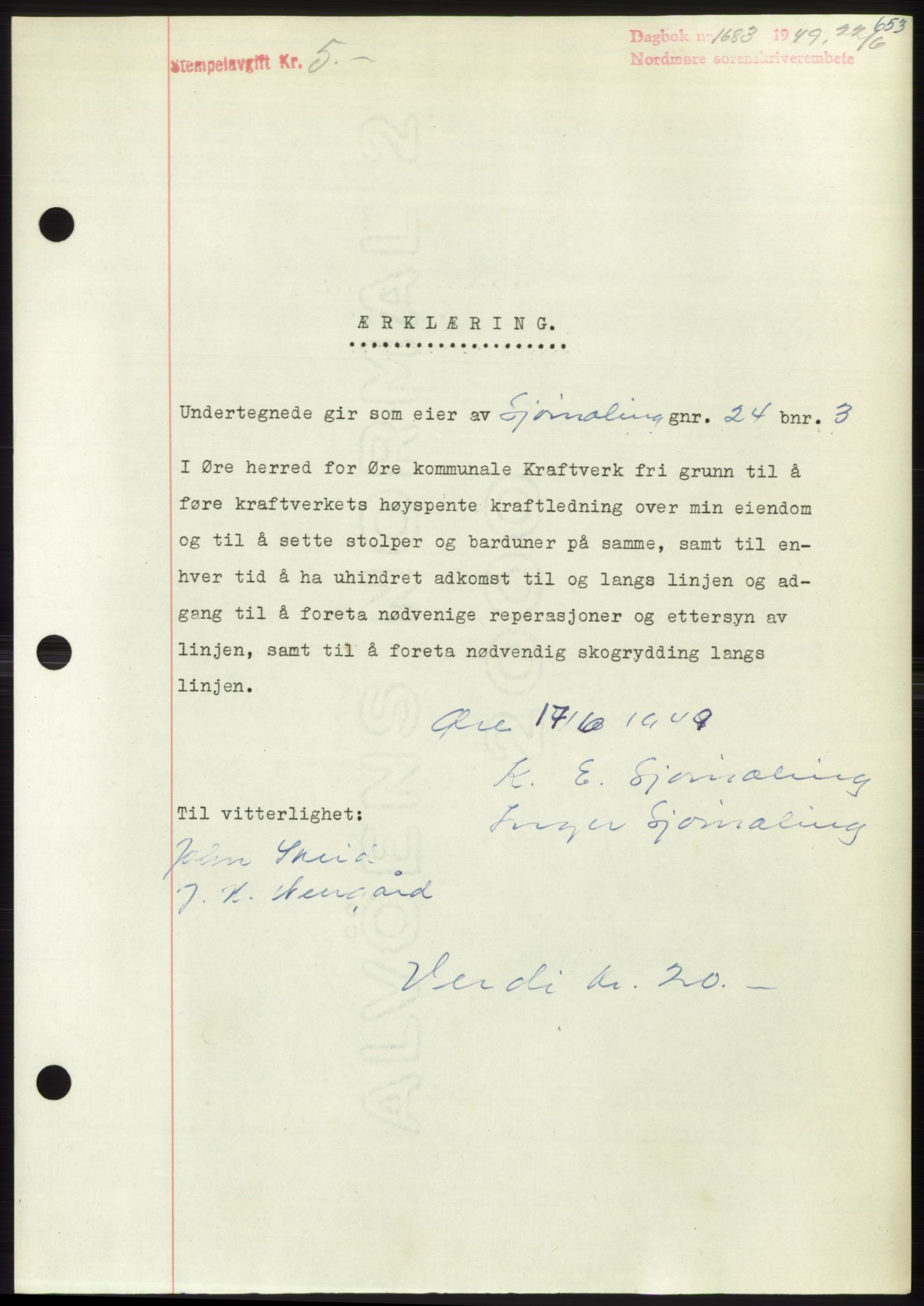 Nordmøre sorenskriveri, AV/SAT-A-4132/1/2/2Ca: Mortgage book no. B101, 1949-1949, Diary no: : 1683/1949