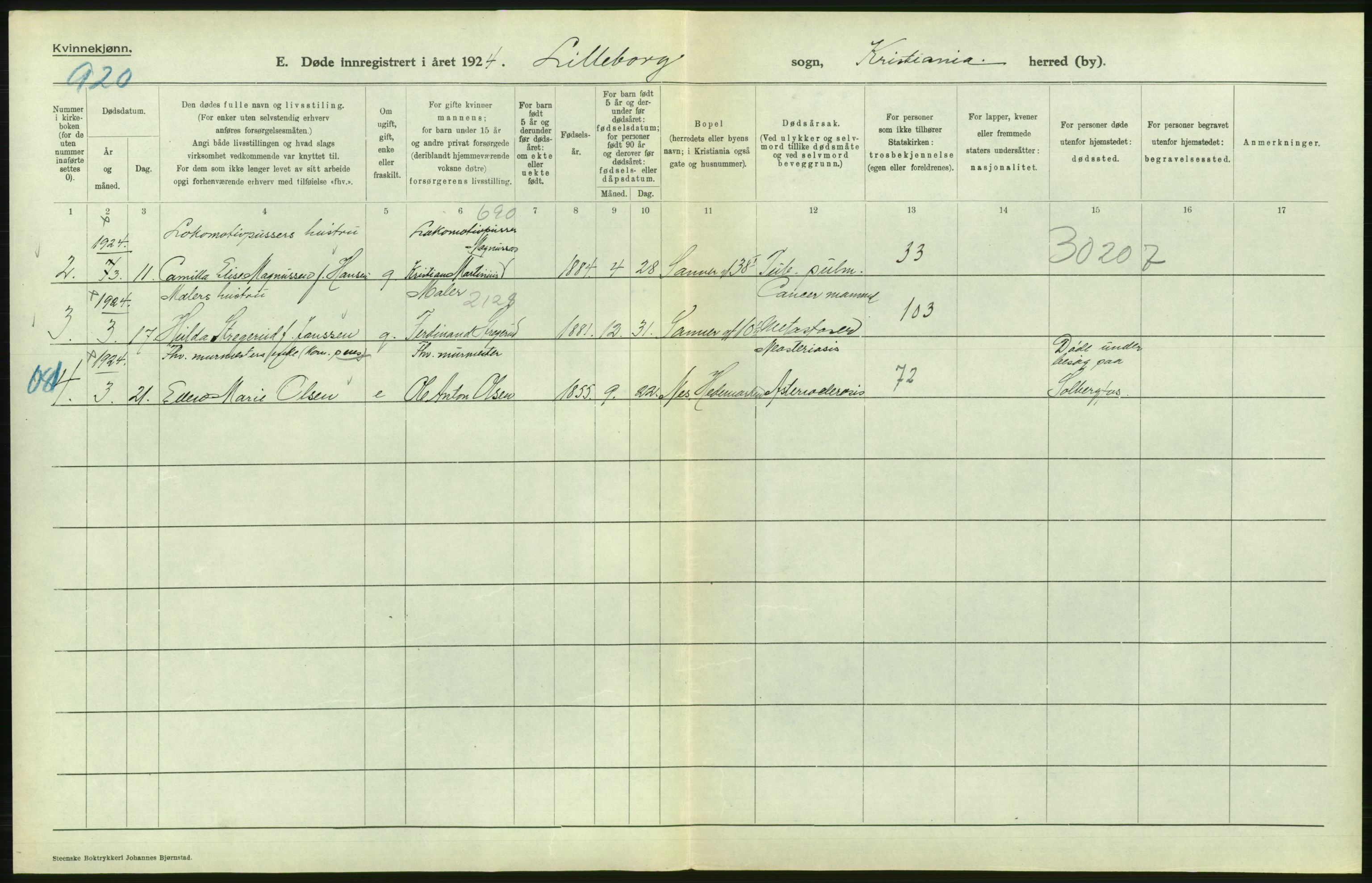 Statistisk sentralbyrå, Sosiodemografiske emner, Befolkning, AV/RA-S-2228/D/Df/Dfc/Dfcd/L0009: Kristiania: Døde kvinner, dødfødte, 1924, p. 540