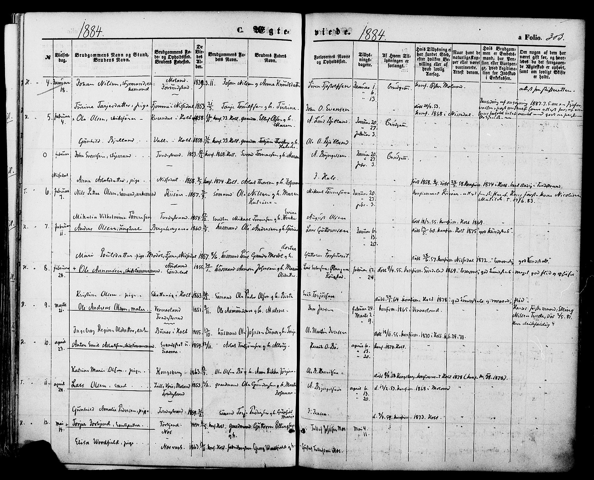 Holt sokneprestkontor, SAK/1111-0021/F/Fa/L0010: Parish register (official) no. A 10, 1872-1885, p. 303