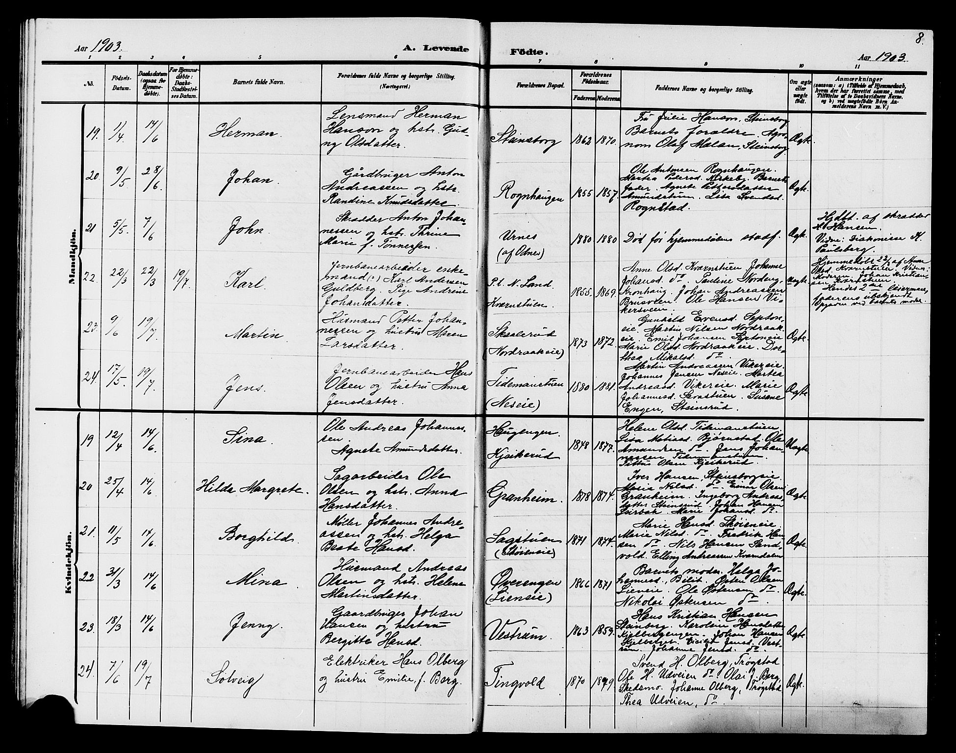 Søndre Land prestekontor, AV/SAH-PREST-122/L/L0005: Parish register (copy) no. 5, 1902-1911, p. 8