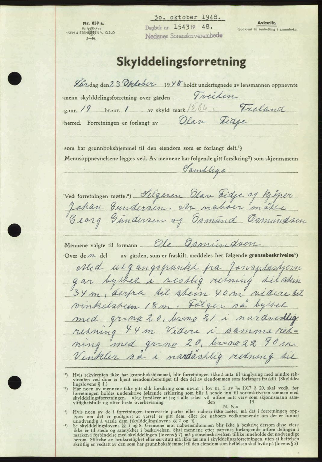 Nedenes sorenskriveri, AV/SAK-1221-0006/G/Gb/Gba/L0059: Mortgage book no. A11, 1948-1948, Diary no: : 1543/1948