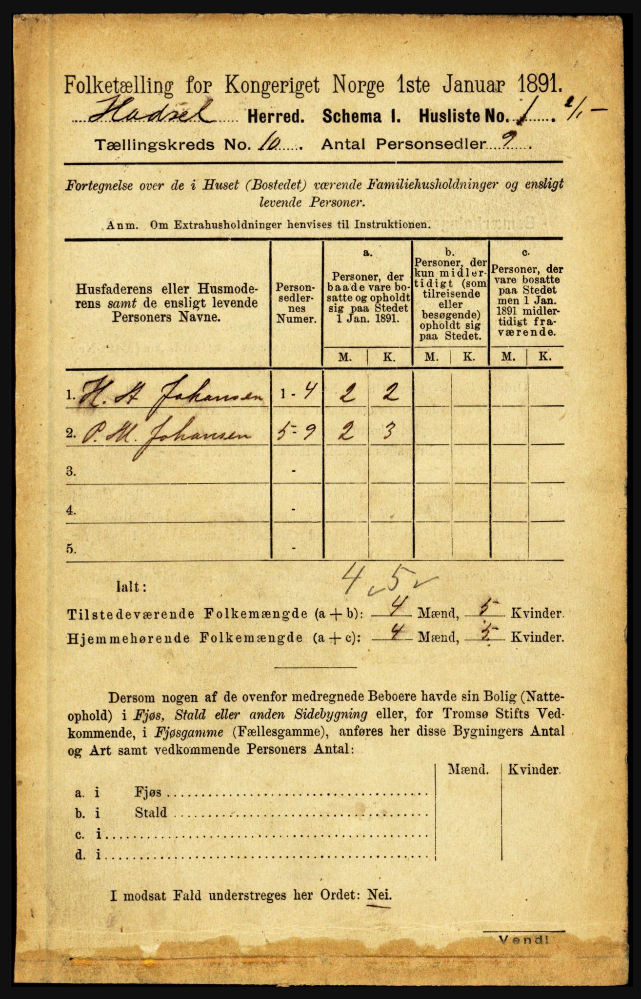 RA, 1891 census for 1866 Hadsel, 1891, p. 4133