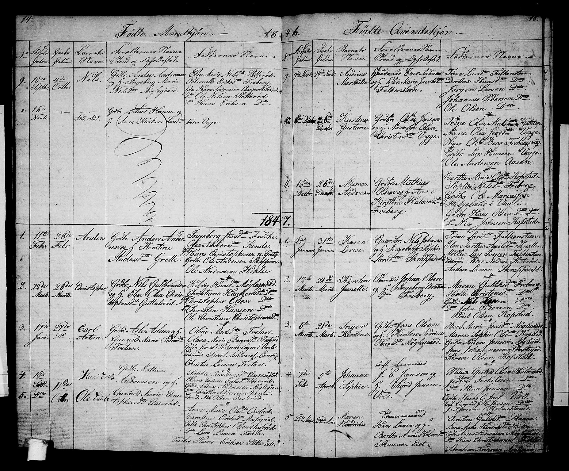 Borre kirkebøker, AV/SAKO-A-338/G/Gb/L0001: Parish register (copy) no. II 1, 1842-1877, p. 14-15