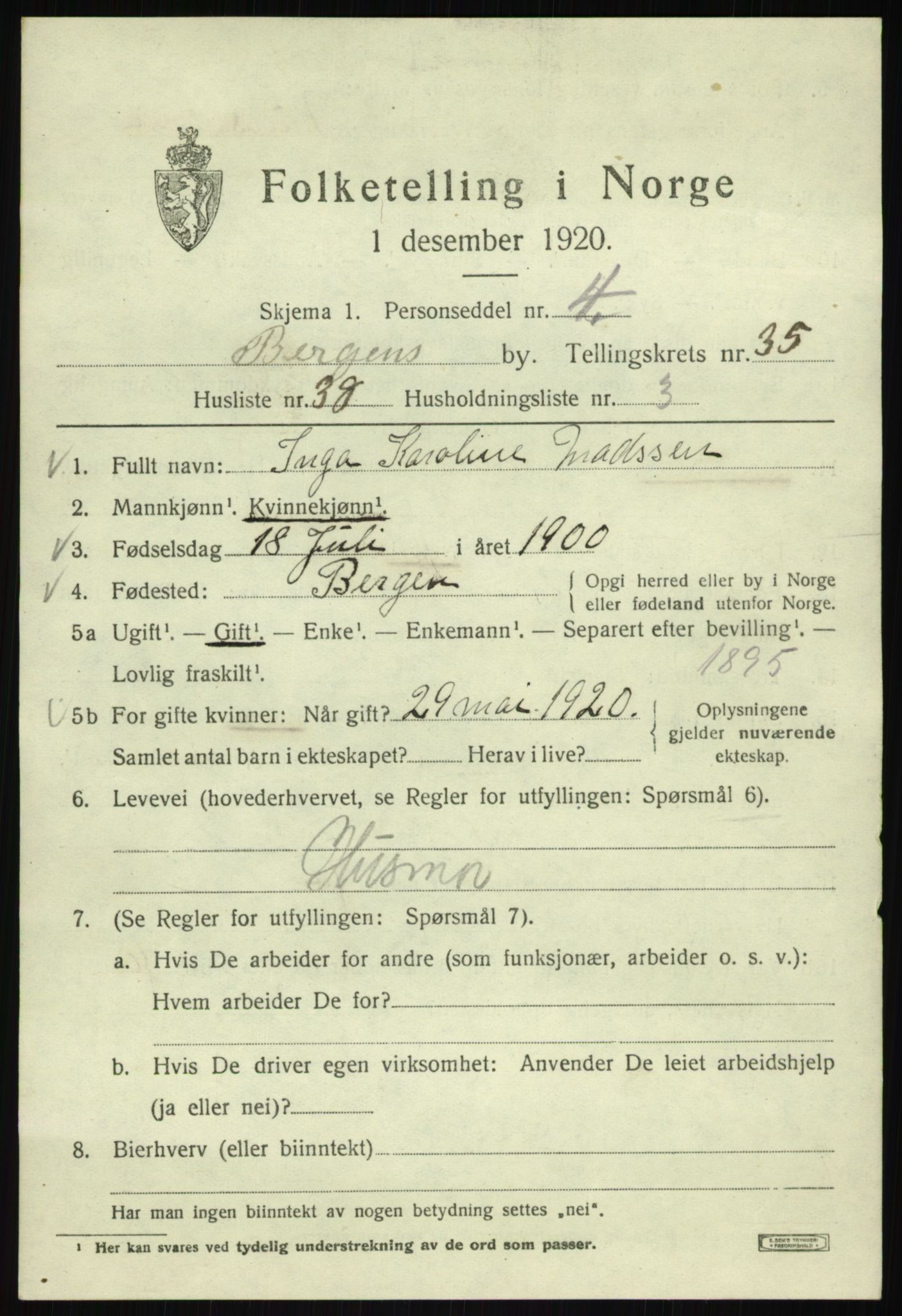 SAB, 1920 census for Bergen, 1920, p. 102762