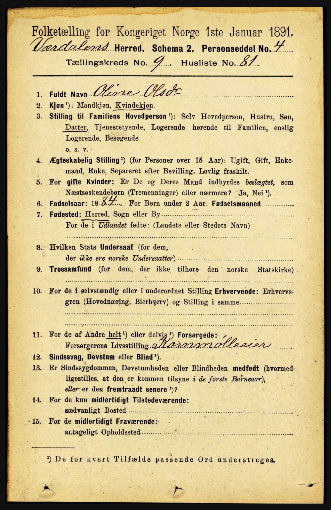 RA, 1891 census for 1721 Verdal, 1891, p. 5520