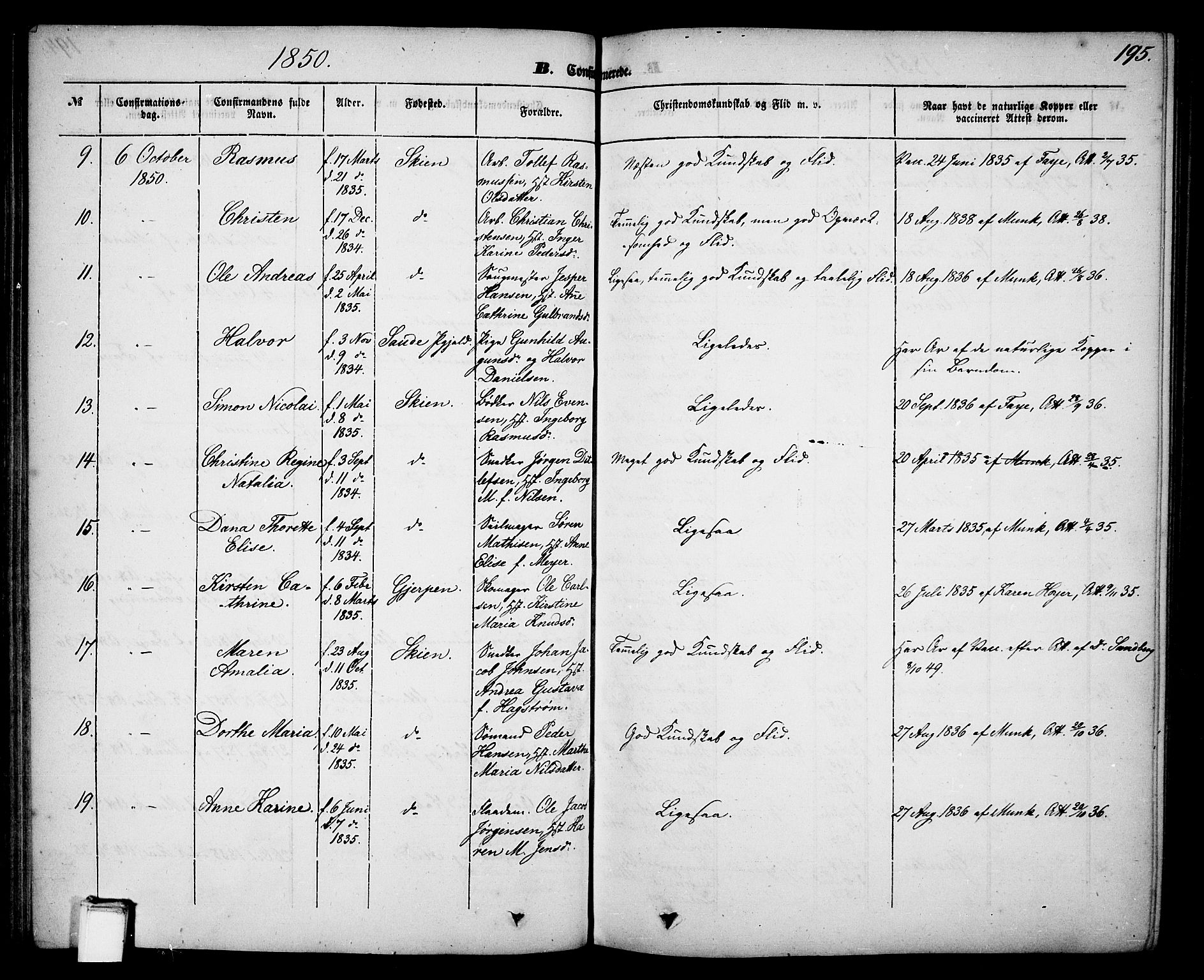 Skien kirkebøker, AV/SAKO-A-302/G/Ga/L0004: Parish register (copy) no. 4, 1843-1867, p. 195