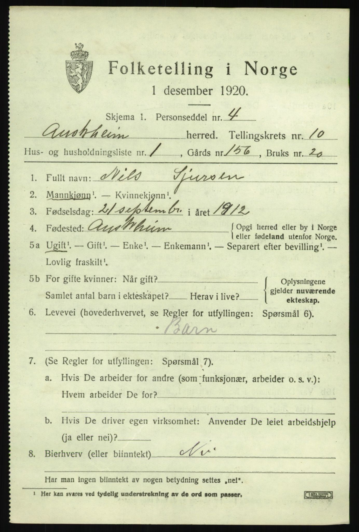 SAB, 1920 census for Austrheim, 1920, p. 3476