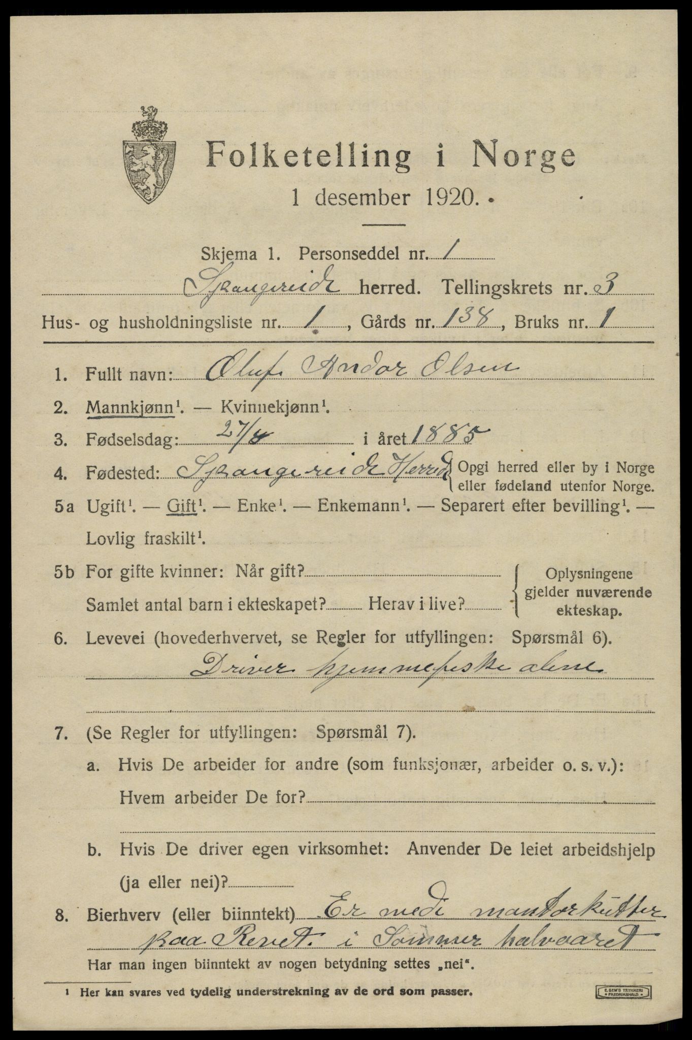 SAK, 1920 census for Spangereid, 1920, p. 1435