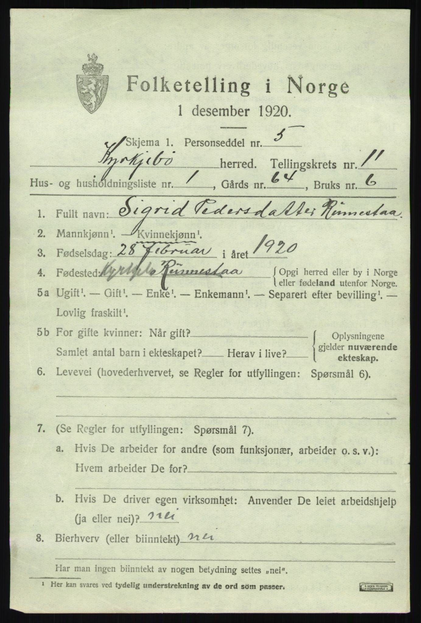 SAB, 1920 census for Kyrkjebø, 1920, p. 5723