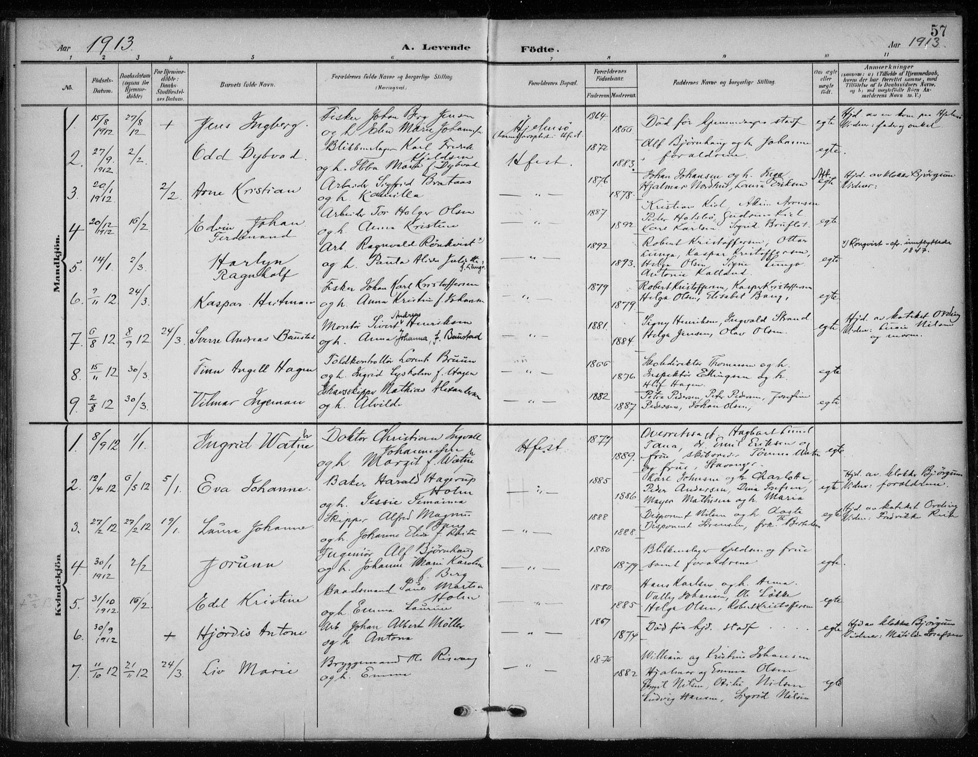 Hammerfest sokneprestkontor, AV/SATØ-S-1347/H/Ha/L0014.kirke: Parish register (official) no. 14, 1906-1916, p. 57