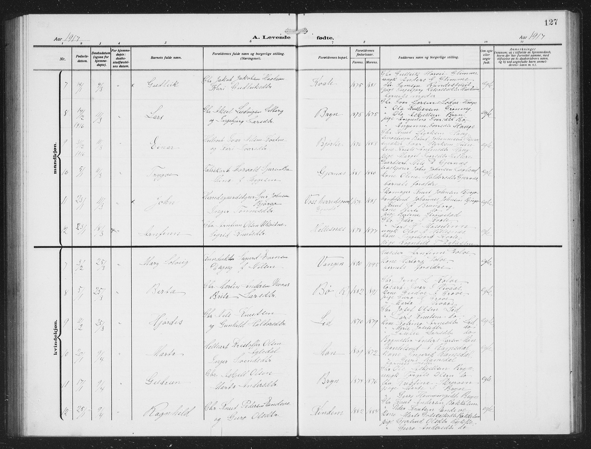 Voss sokneprestembete, SAB/A-79001/H/Hab: Parish register (copy) no. C 3, 1909-1920, p. 127
