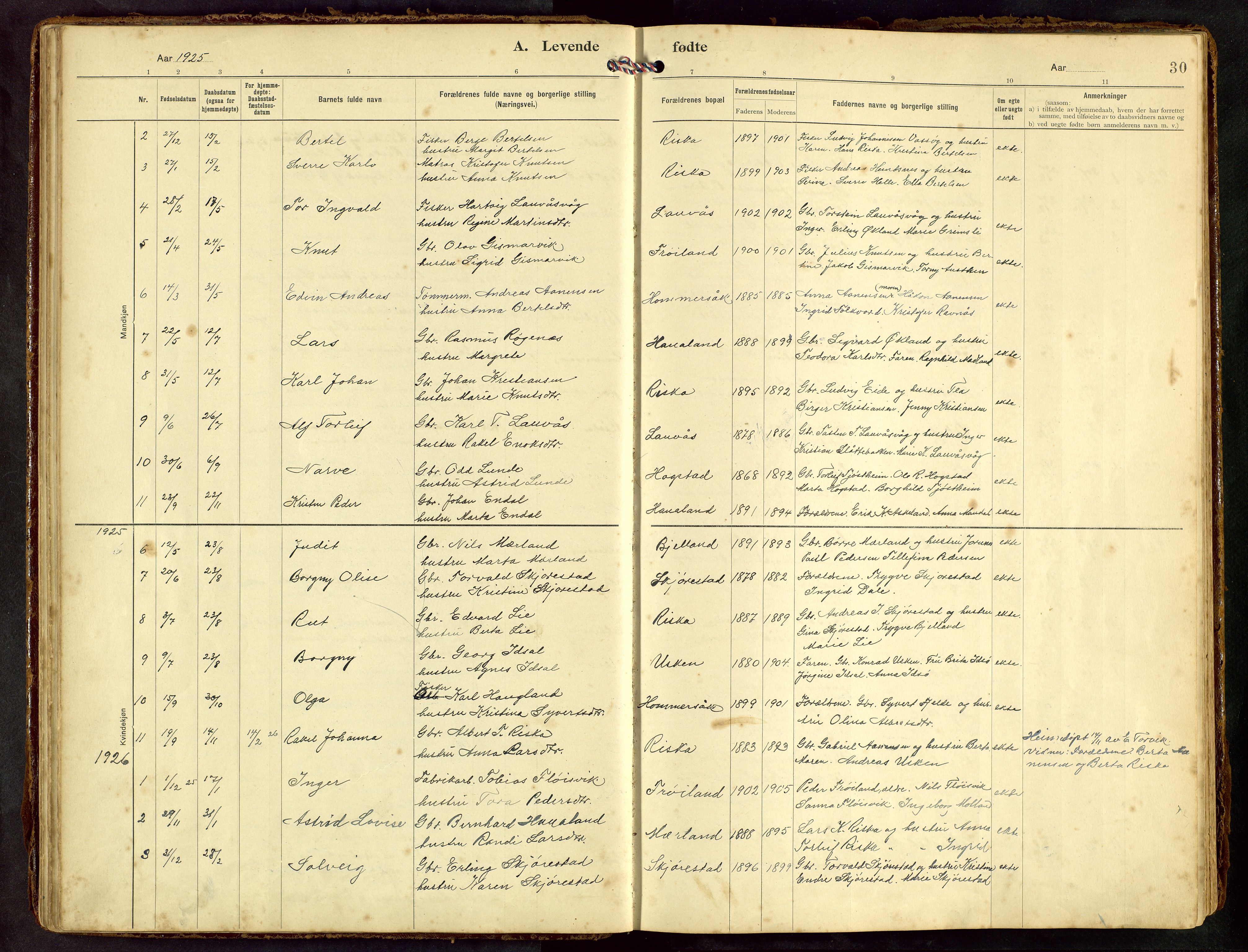 Hetland sokneprestkontor, SAST/A-101826/30/30BB/L0010: Parish register (copy) no. B 10, 1910-1968, p. 30