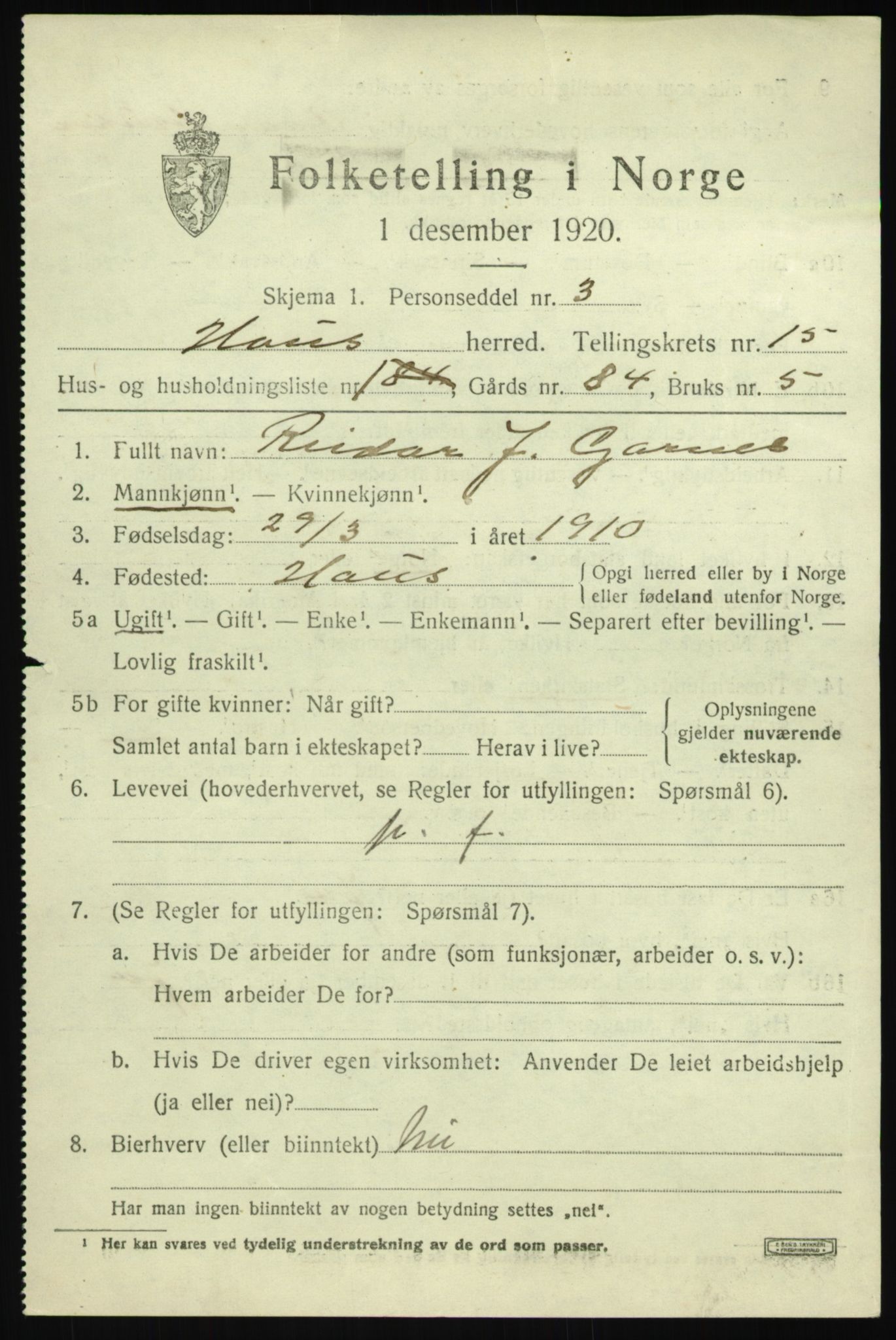 SAB, 1920 census for Haus, 1920, p. 9194