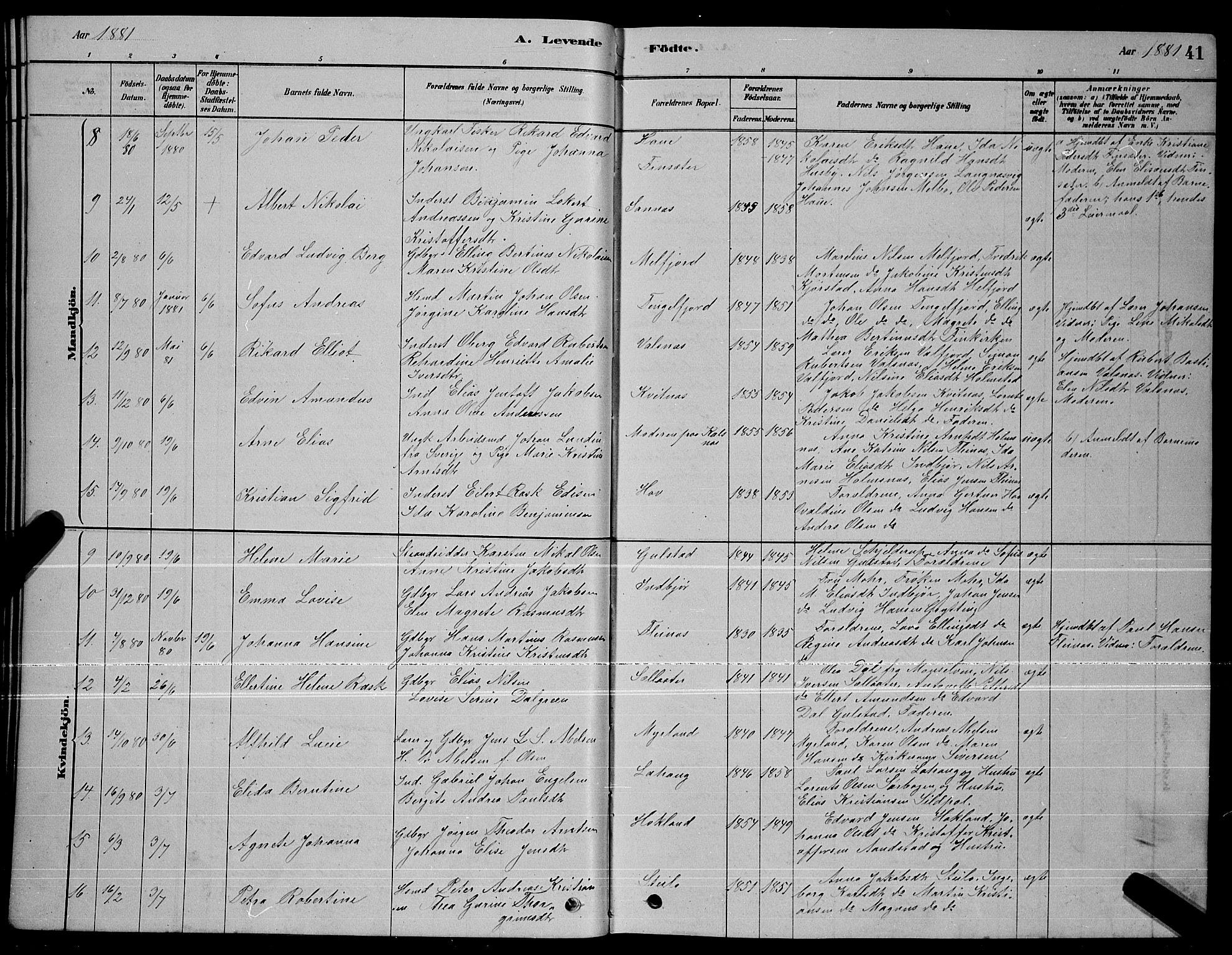 Ministerialprotokoller, klokkerbøker og fødselsregistre - Nordland, AV/SAT-A-1459/888/L1267: Parish register (copy) no. 888C05, 1878-1890, p. 41