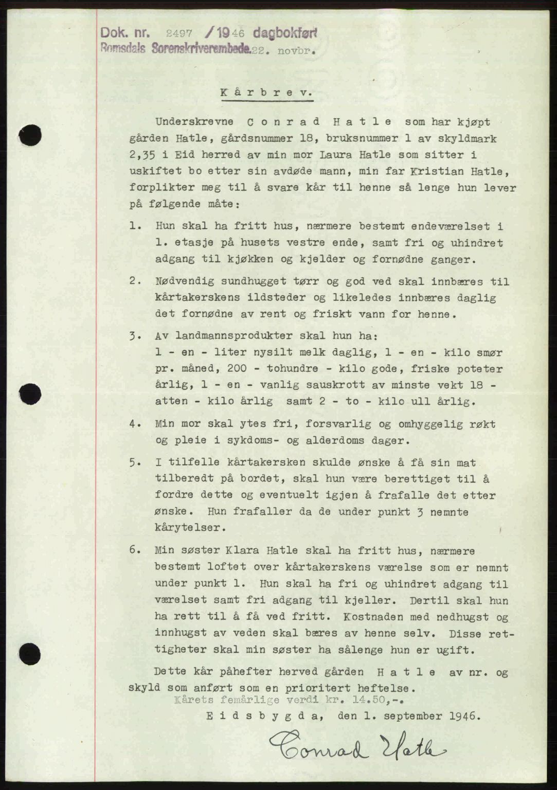 Romsdal sorenskriveri, AV/SAT-A-4149/1/2/2C: Mortgage book no. A21, 1946-1946, Diary no: : 2497/1946