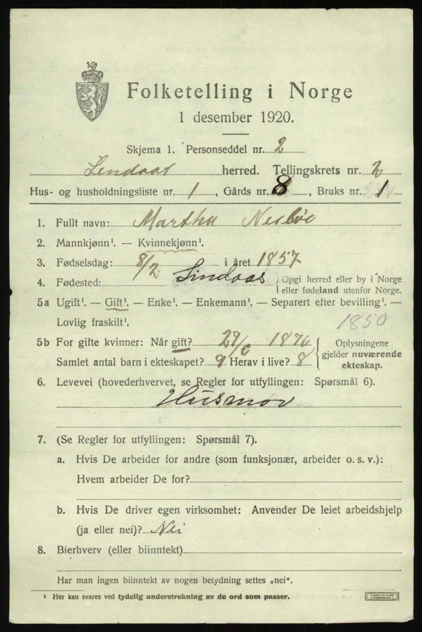 SAB, 1920 census for Lindås, 1920, p. 1589