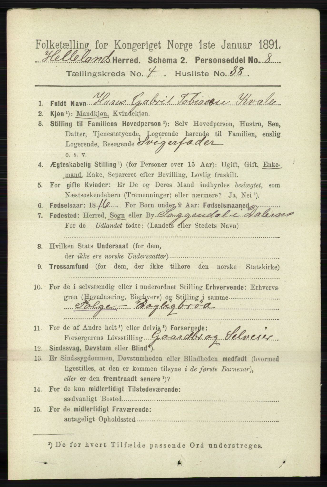 RA, 1891 census for 1115 Helleland, 1891, p. 1408