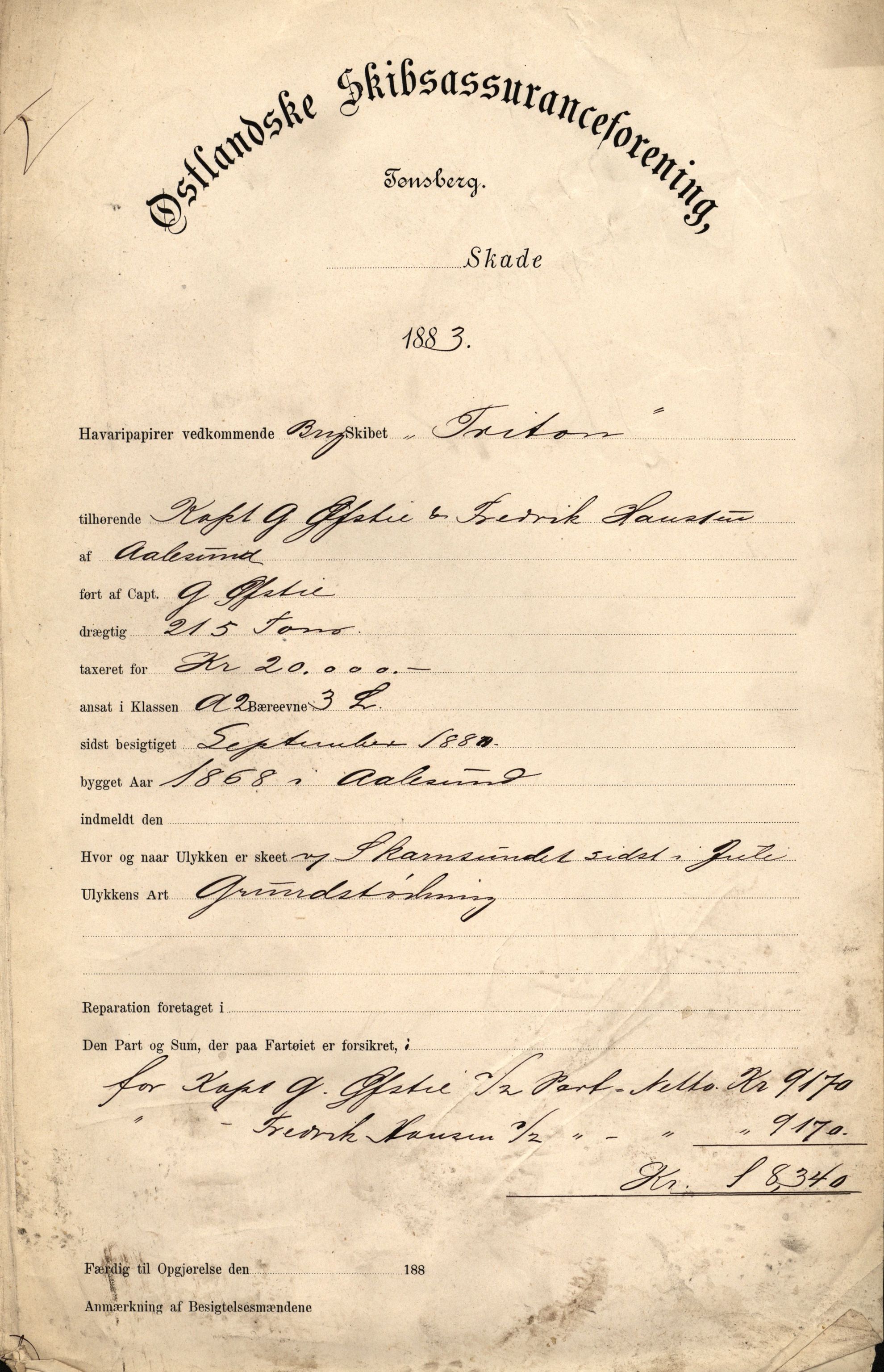 Pa 63 - Østlandske skibsassuranceforening, VEMU/A-1079/G/Ga/L0016/0015: Havaridokumenter / St. Lawrence, Poseidon, Snap, Josephine, Triton, 1883, p. 65