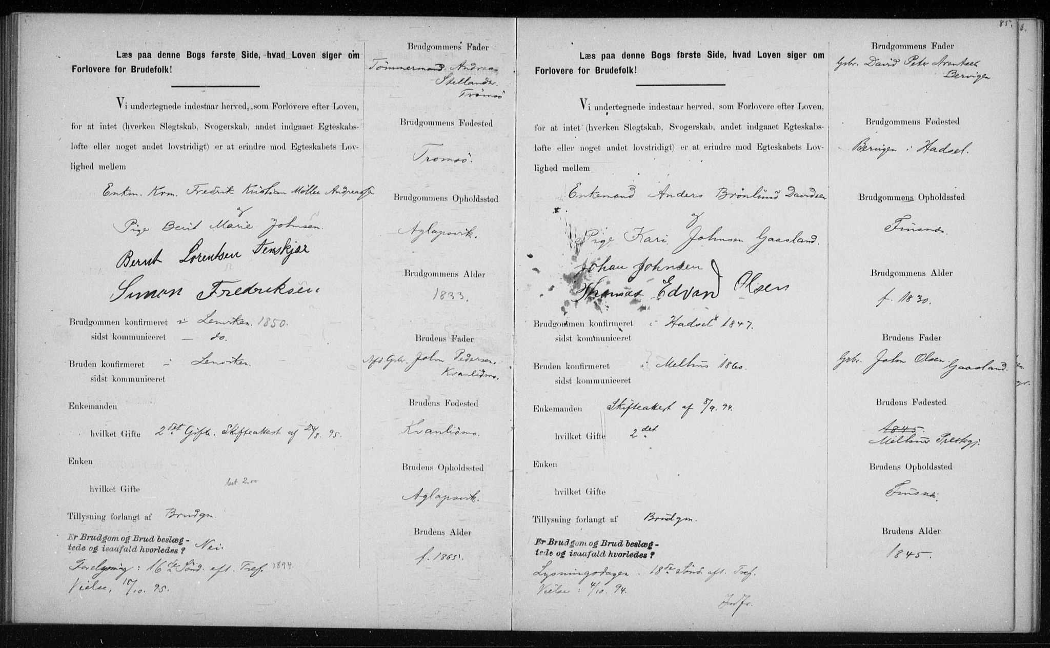 Lenvik sokneprestembete, AV/SATØ-S-1310/I/Ie/L0129: Banns register no. 129, 1890-1895, p. 85