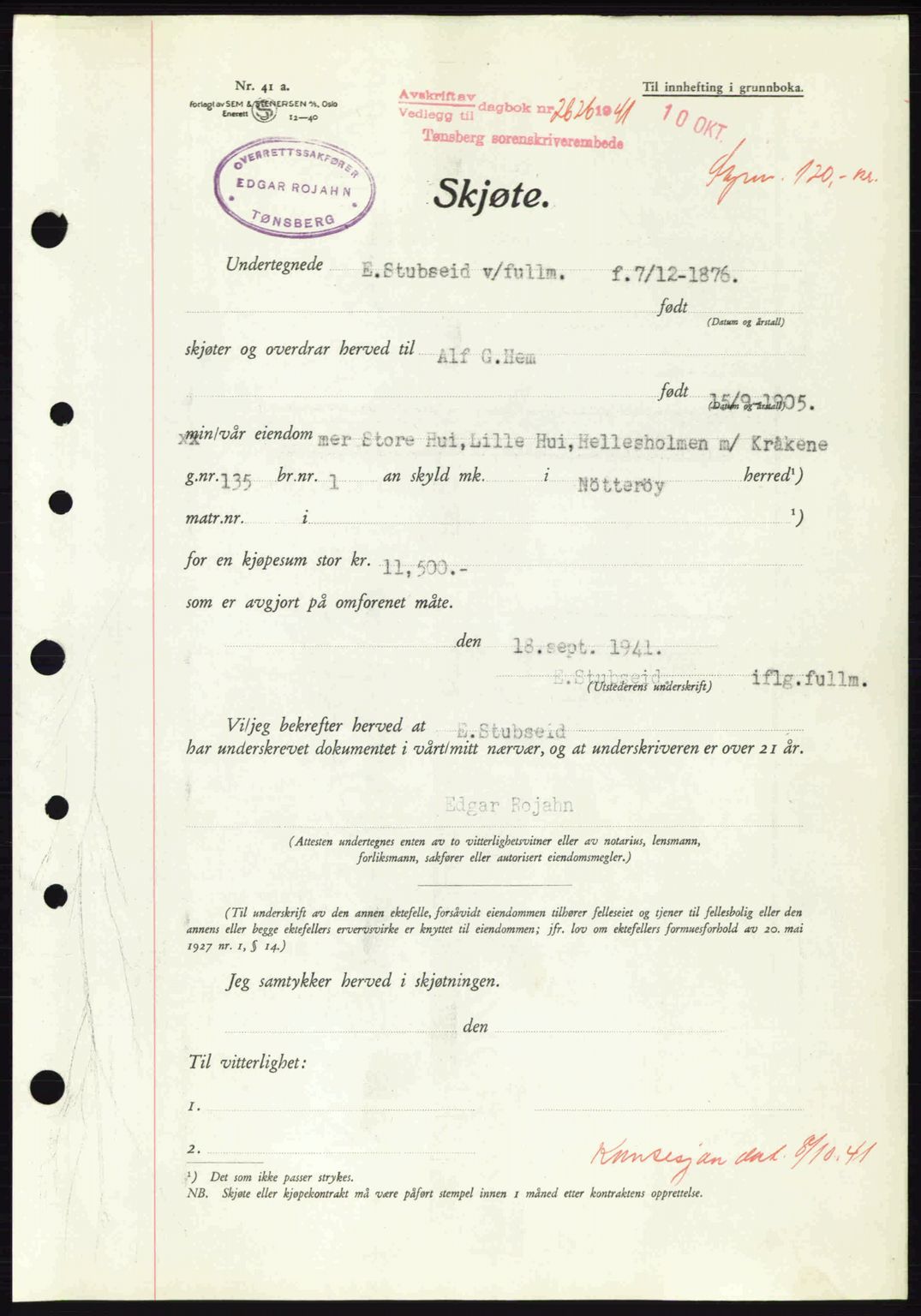 Tønsberg sorenskriveri, AV/SAKO-A-130/G/Ga/Gaa/L0010: Mortgage book no. A10, 1941-1941, Diary no: : 2626/1941