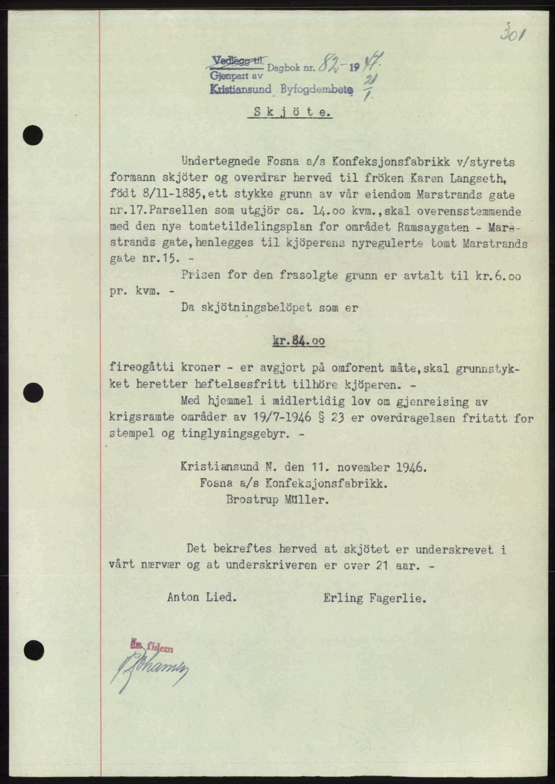 Kristiansund byfogd, AV/SAT-A-4587/A/27: Mortgage book no. 39b, 1946-1947, Diary no: : 82/1947