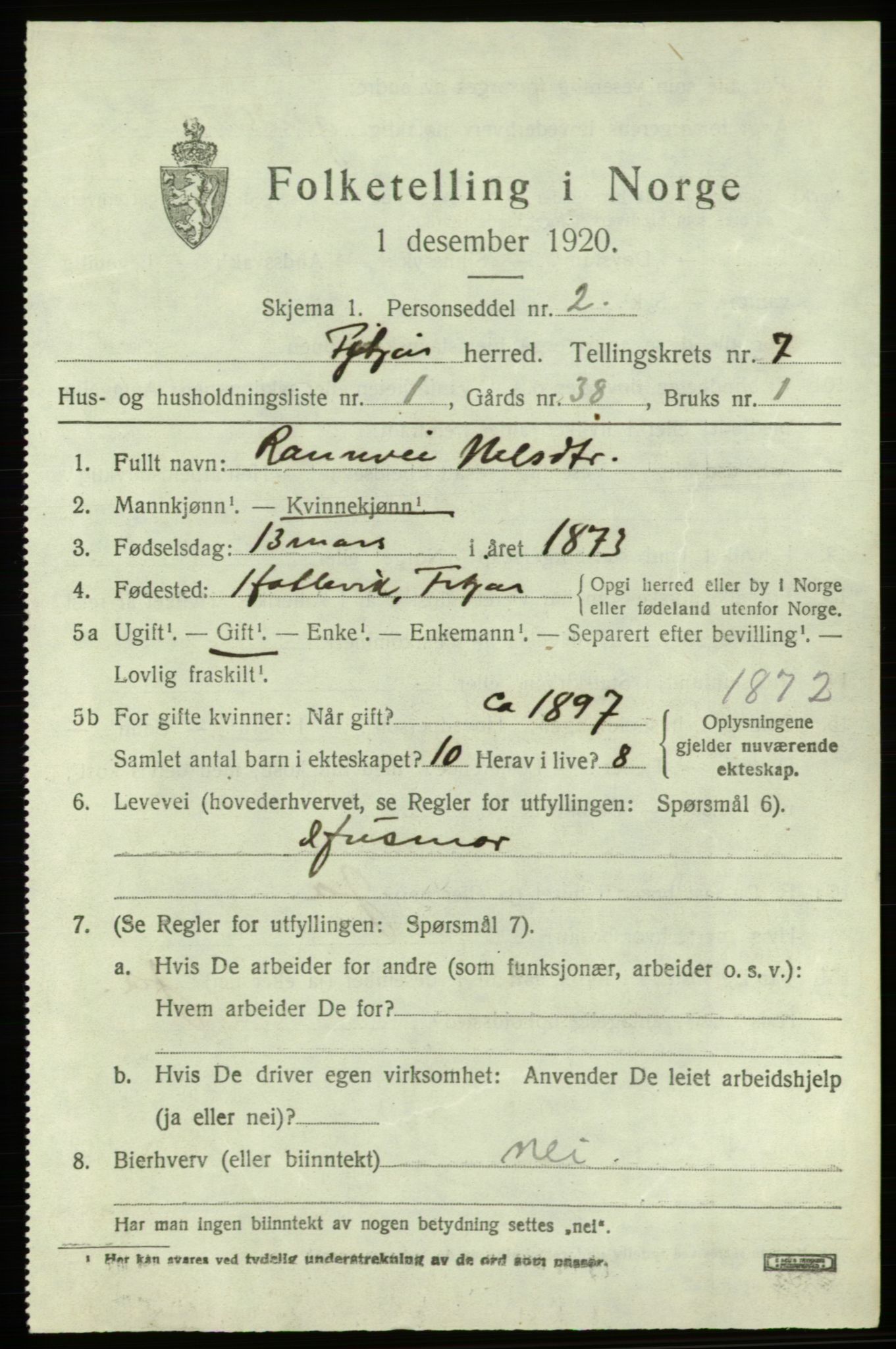 SAB, 1920 census for Fitjar, 1920, p. 3136