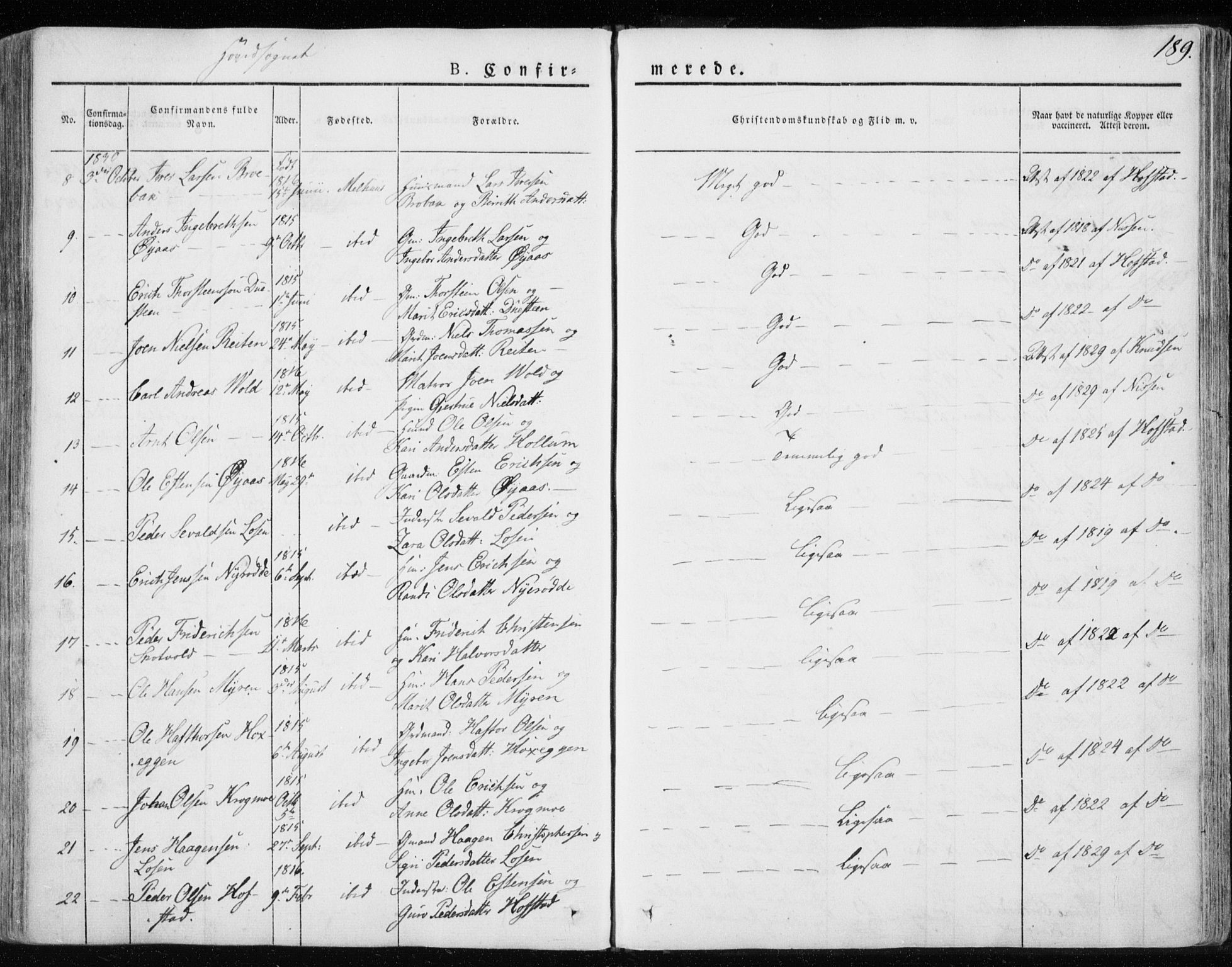 Ministerialprotokoller, klokkerbøker og fødselsregistre - Sør-Trøndelag, SAT/A-1456/691/L1069: Parish register (official) no. 691A04, 1826-1841, p. 189