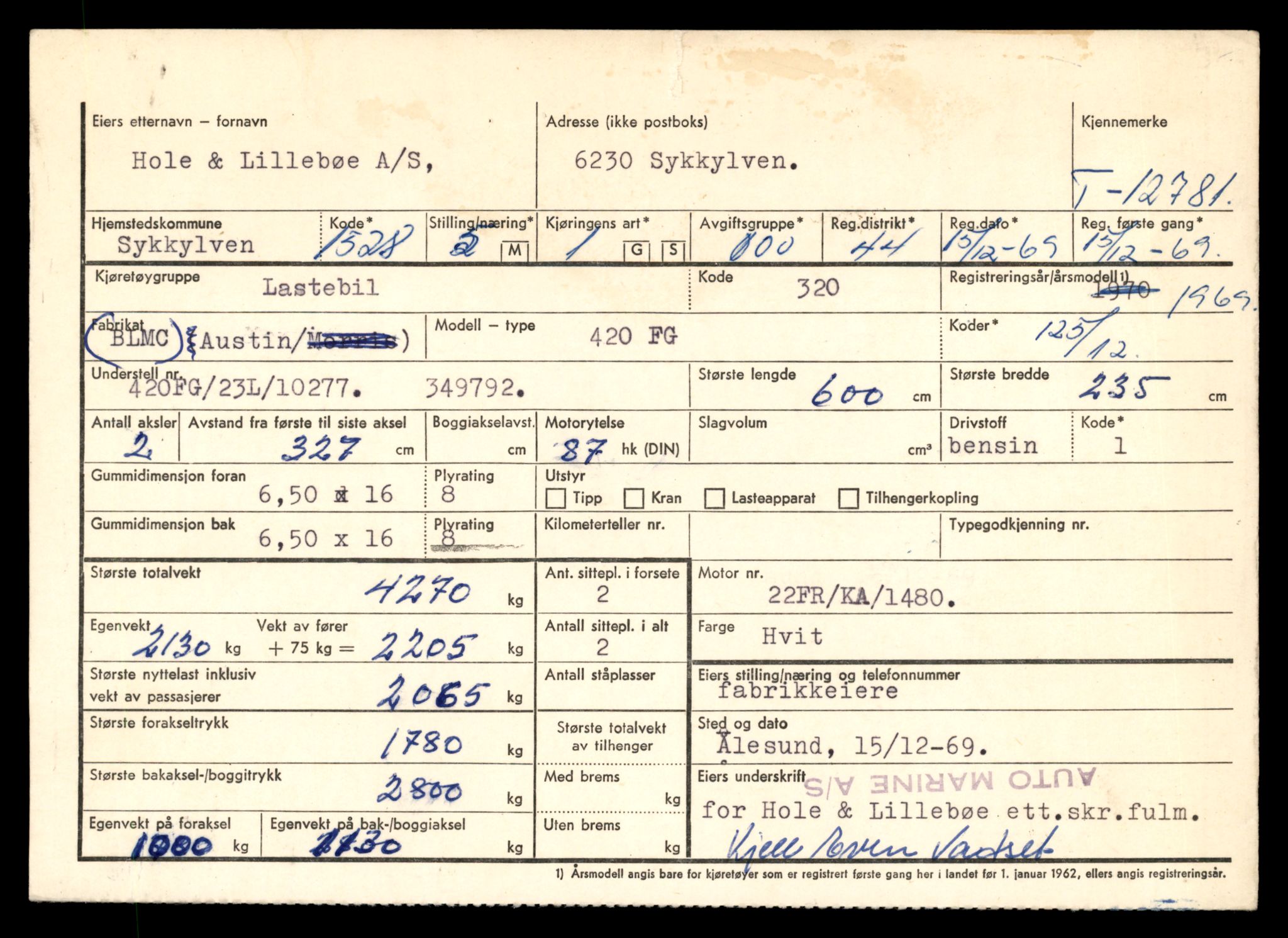 Møre og Romsdal vegkontor - Ålesund trafikkstasjon, AV/SAT-A-4099/F/Fe/L0035: Registreringskort for kjøretøy T 12653 - T 12829, 1927-1998, p. 2140