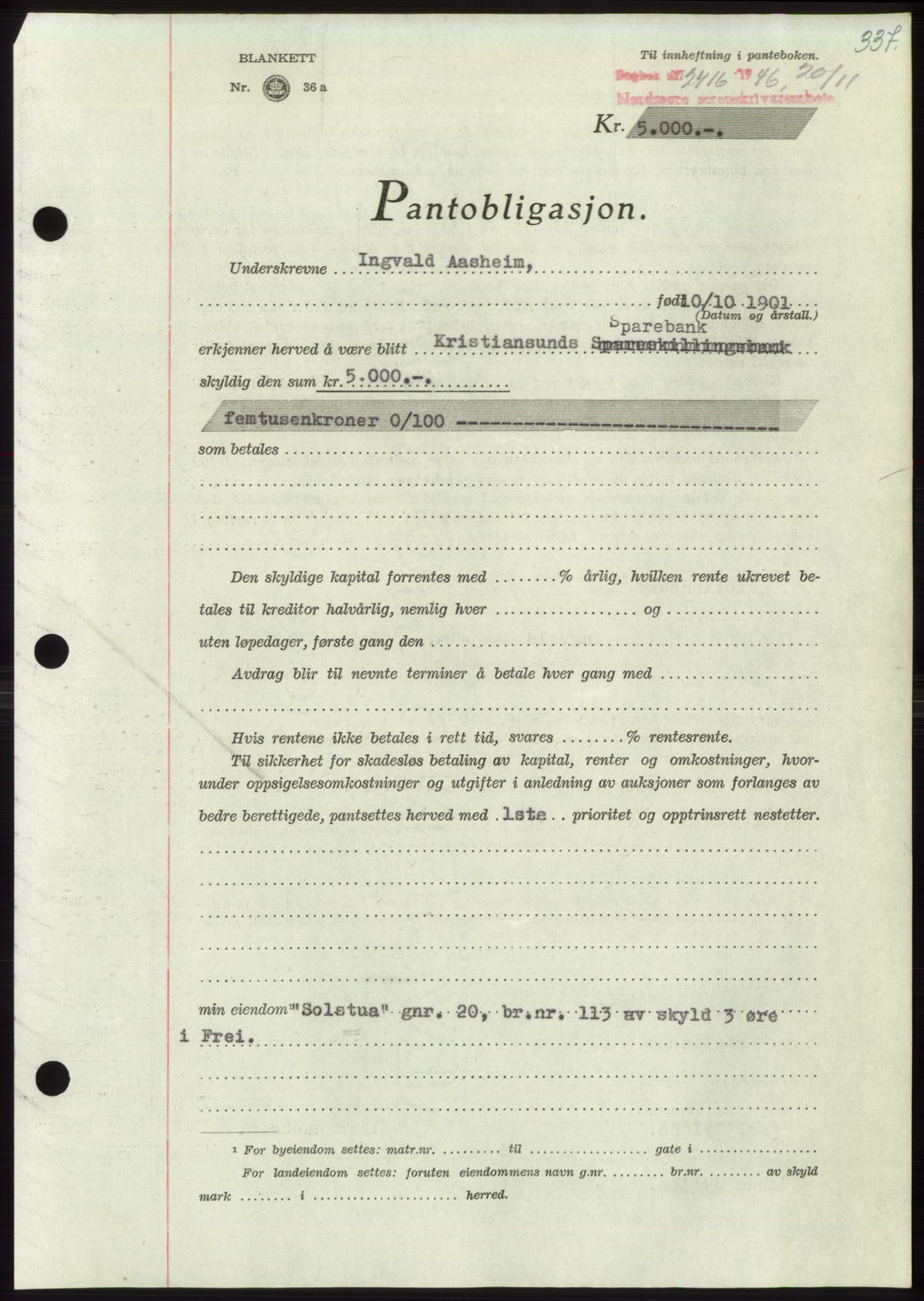 Nordmøre sorenskriveri, AV/SAT-A-4132/1/2/2Ca: Mortgage book no. B95, 1946-1947, Diary no: : 2416/1946