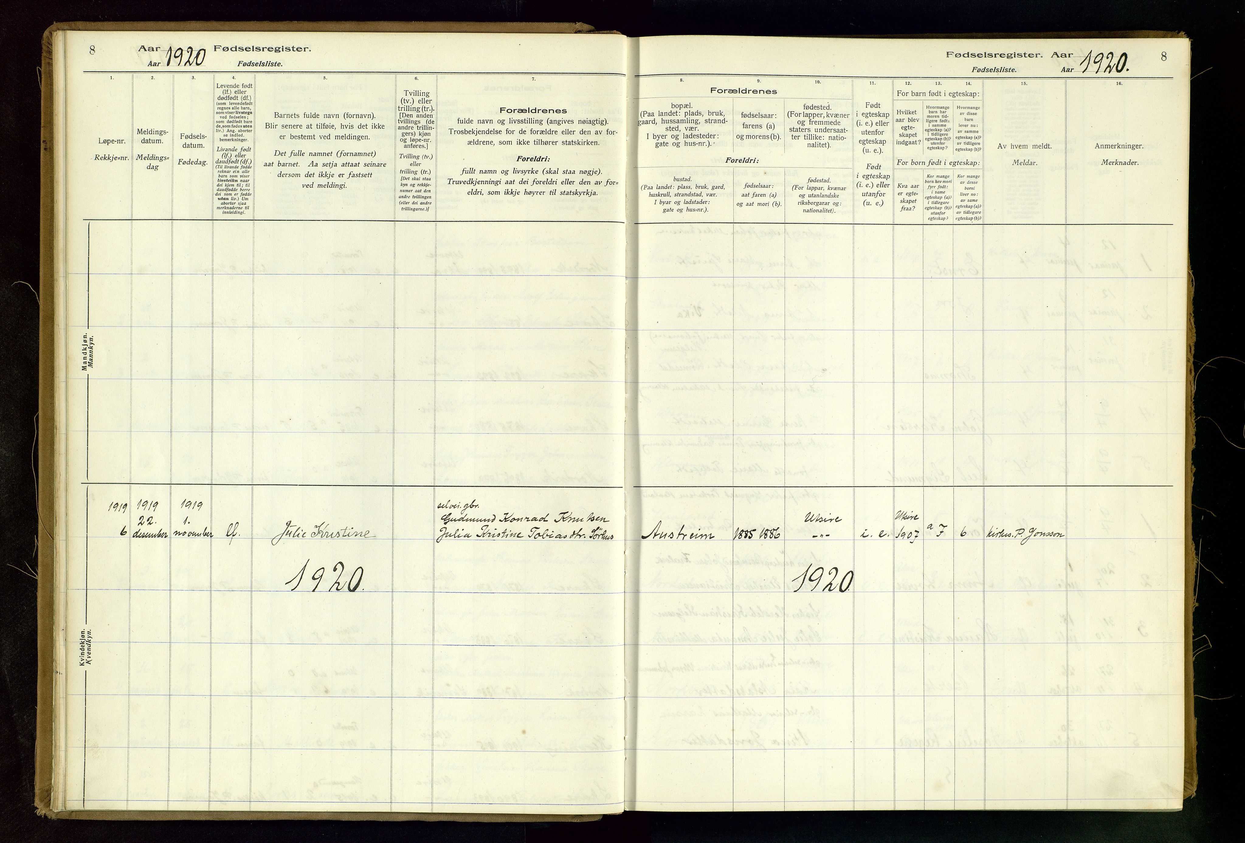 Torvastad sokneprestkontor, SAST/A -101857/I/Id/L0001: Birth register no. 1, 1916-1982, p. 8