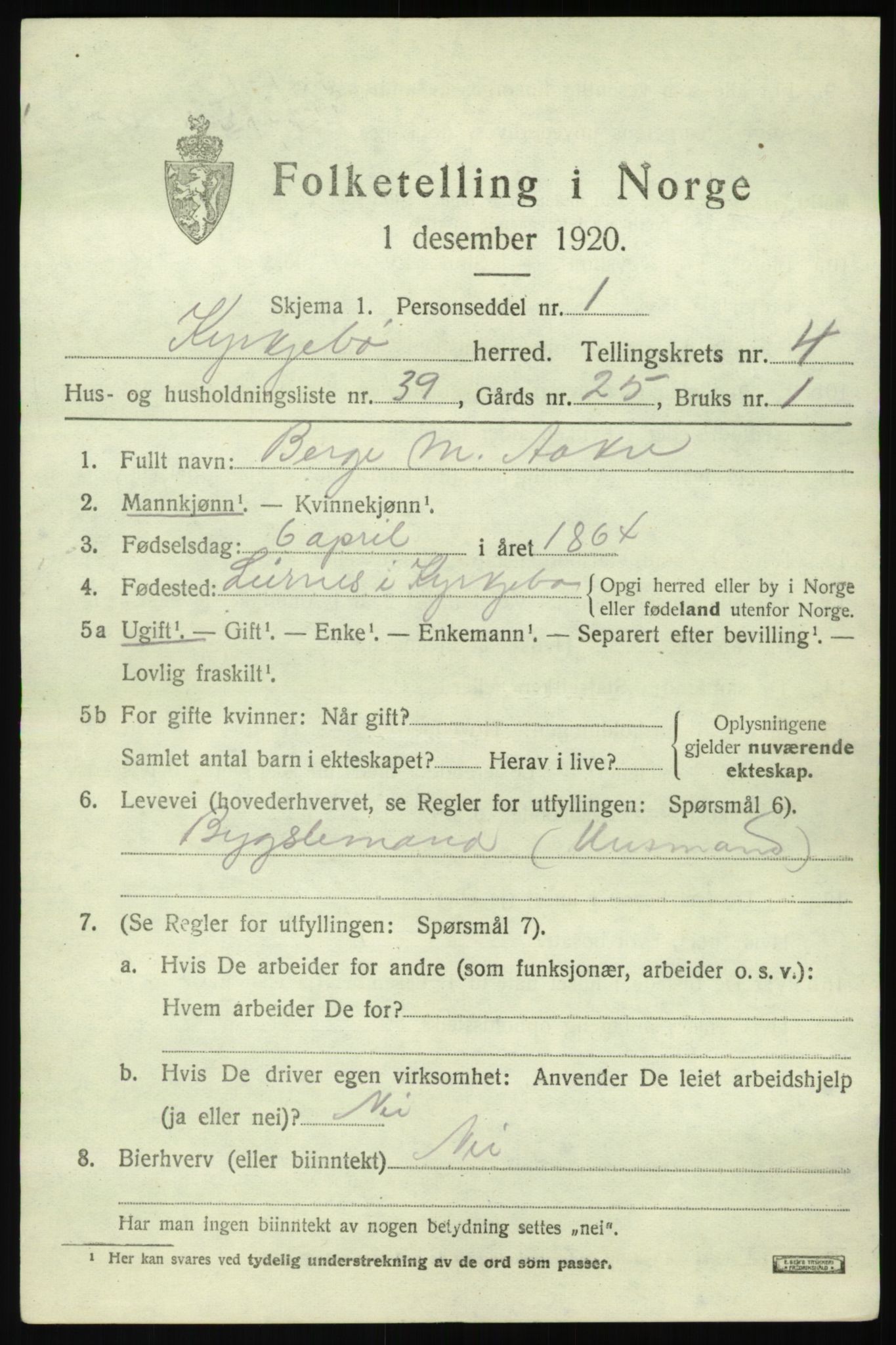 SAB, 1920 census for Kyrkjebø, 1920, p. 1779