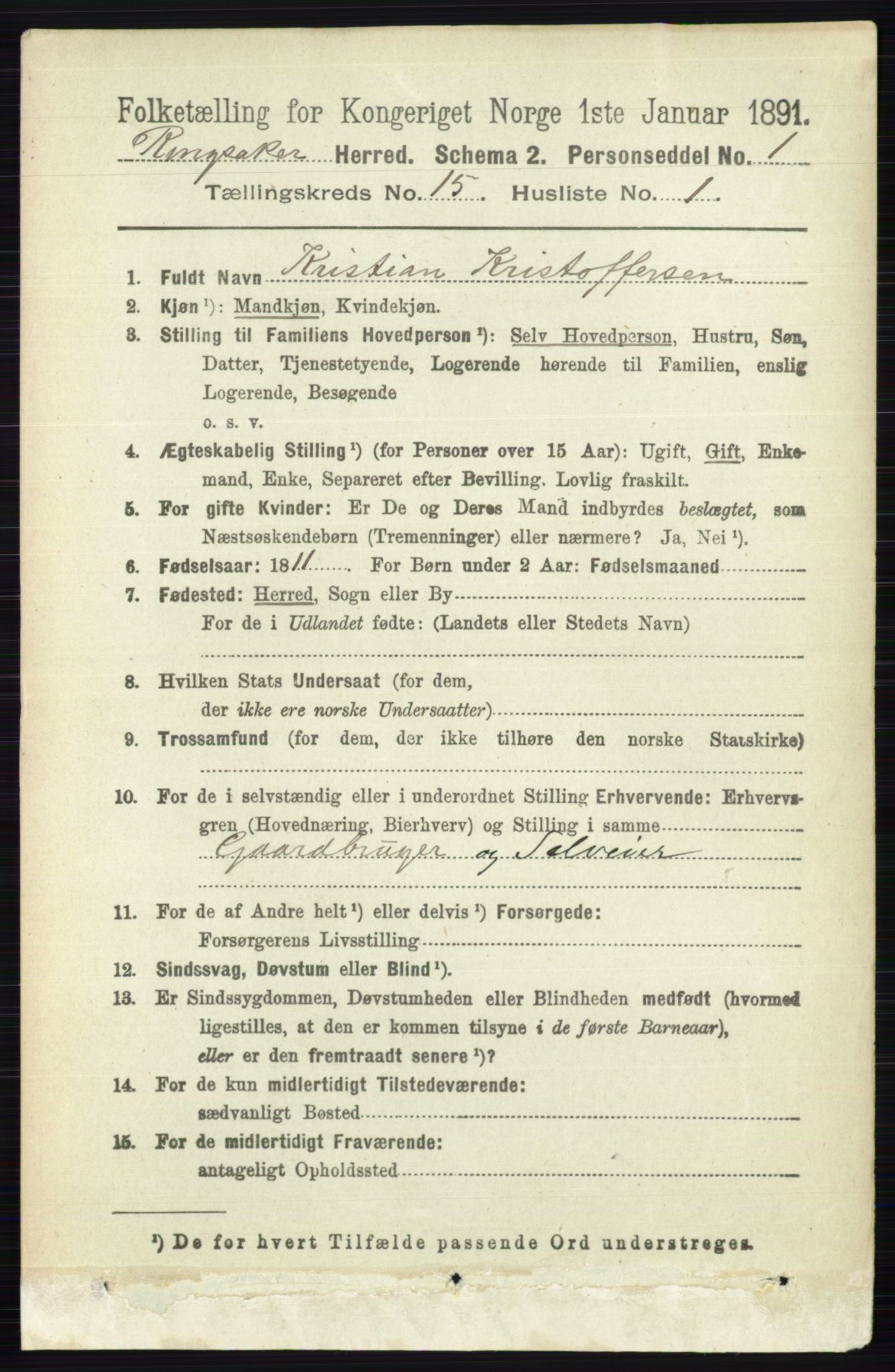 RA, 1891 census for 0412 Ringsaker, 1891, p. 8483
