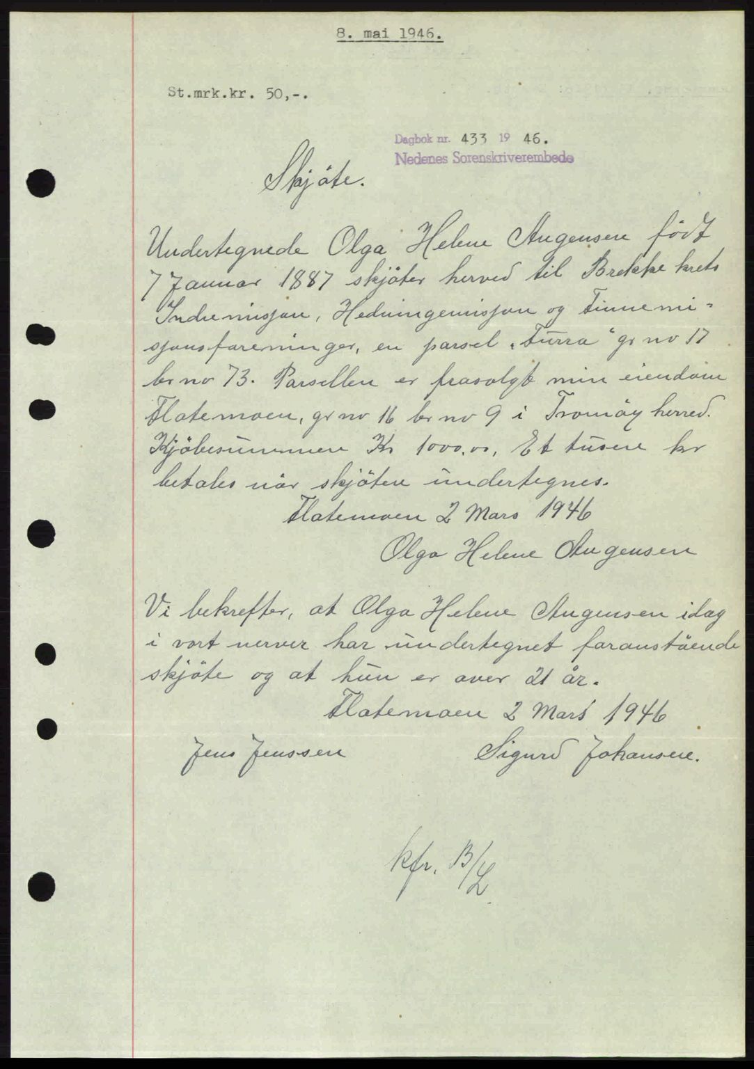 Nedenes sorenskriveri, SAK/1221-0006/G/Gb/Gba/L0054: Mortgage book no. A6c, 1946-1946, Diary no: : 433/1946